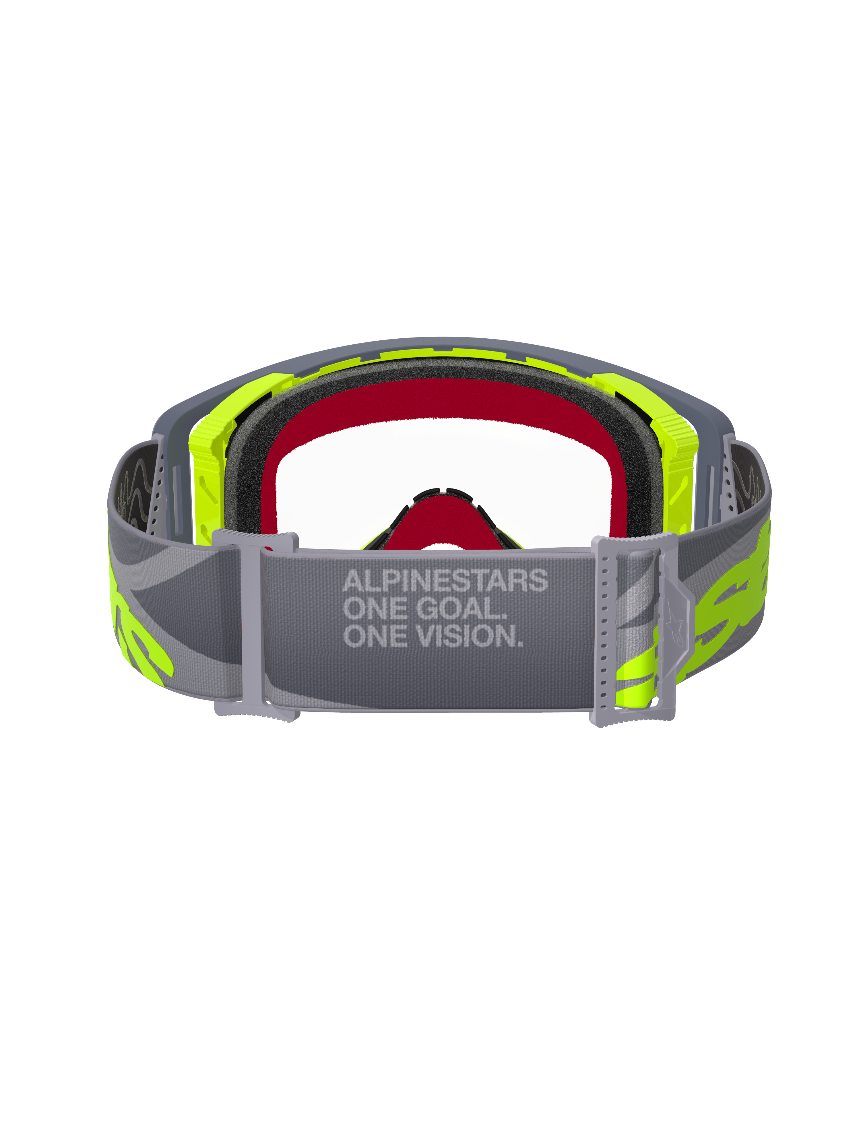 Alpinestars Supertech Stream Goggles, motocrossglasögon, grå och gul fluo, vy bakifrån som visar det justerbara grå bandet med texten 'ONE GOAL. ONE VISION.', klar lins och ansiktsskum i flera lager, professionell racingutrustning för offroad