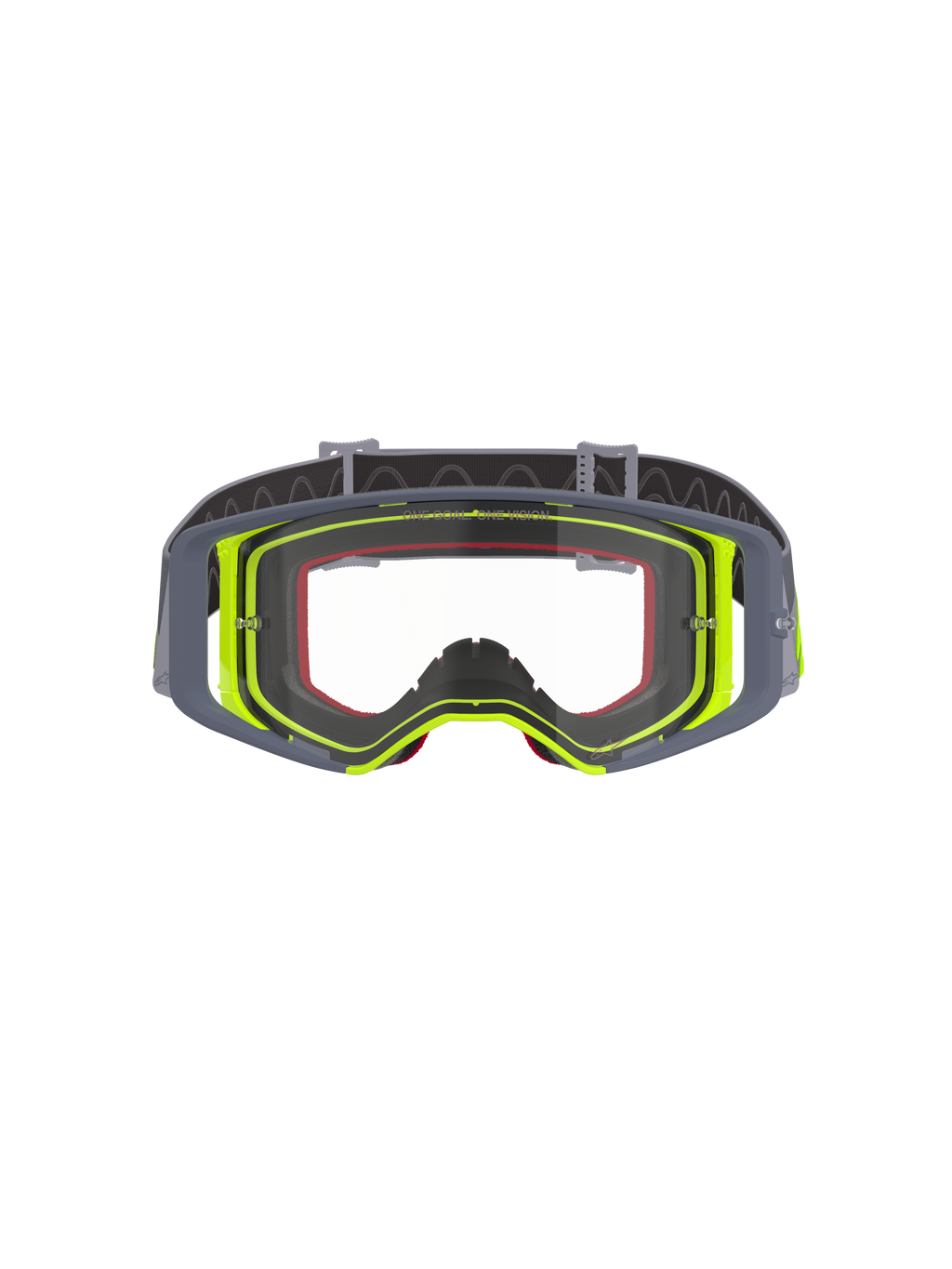 Alpinestars Supertech Stream Goggles, motocrossglasögon, grå och fluorescerande gul ram med klar lins, frontvy som visar den breda siktfältsdesignen och den tekniska ramkonstruktionen, ögonskydd för terrängkörning