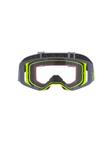 Alpinestars Supertech Stream Goggles, motocrossglasögon, grå och fluorescerande gul ram med klar lins, frontvy som visar den breda siktfältsdesignen och den tekniska ramkonstruktionen, ögonskydd för terrängkörning