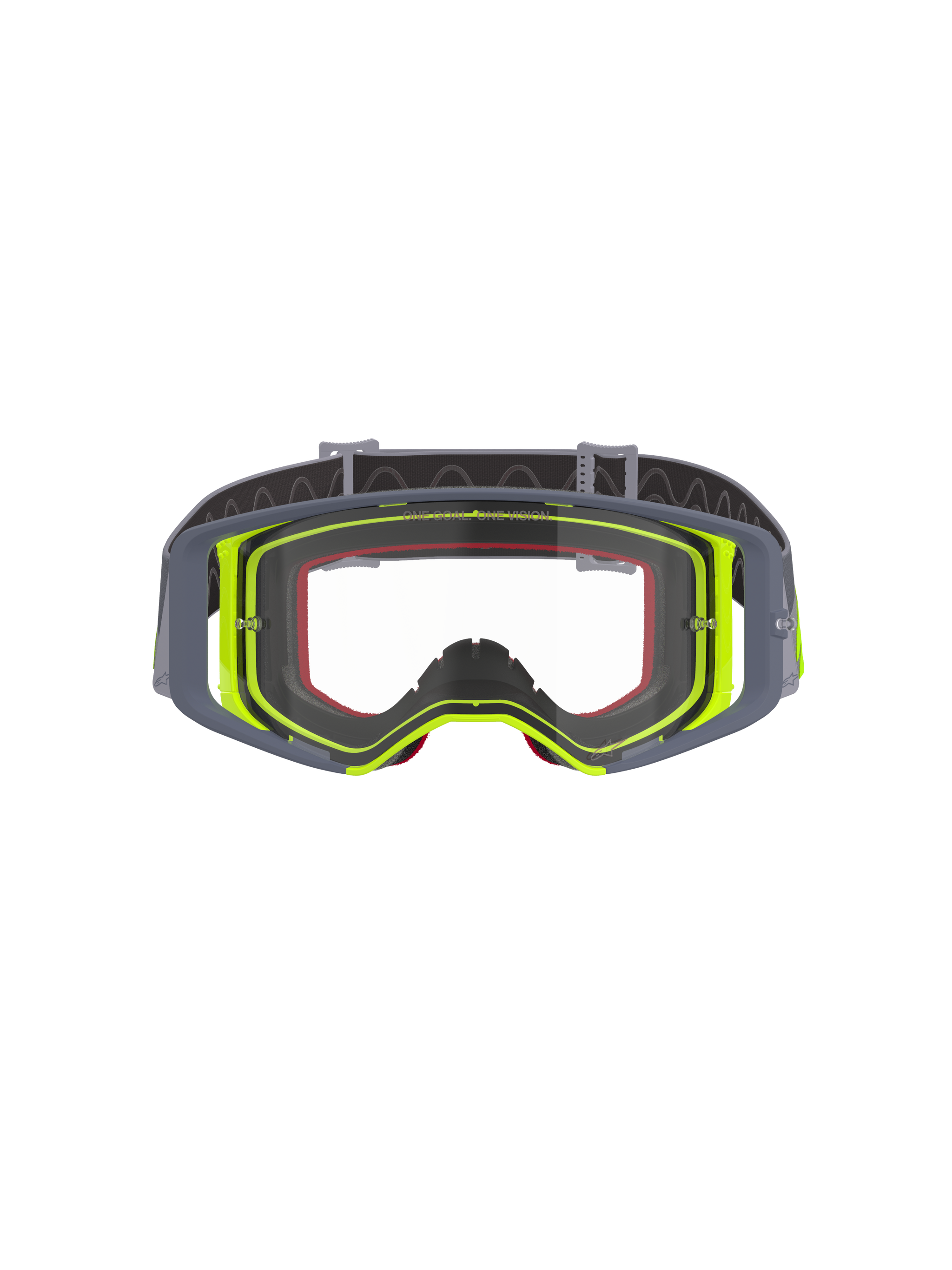 Alpinestars Supertech Stream Goggles, motocrossglasögon, grå och fluorescerande gul ram med klar lins, frontvy som visar den breda siktfältsdesignen och den tekniska ramkonstruktionen, ögonskydd för terrängkörning