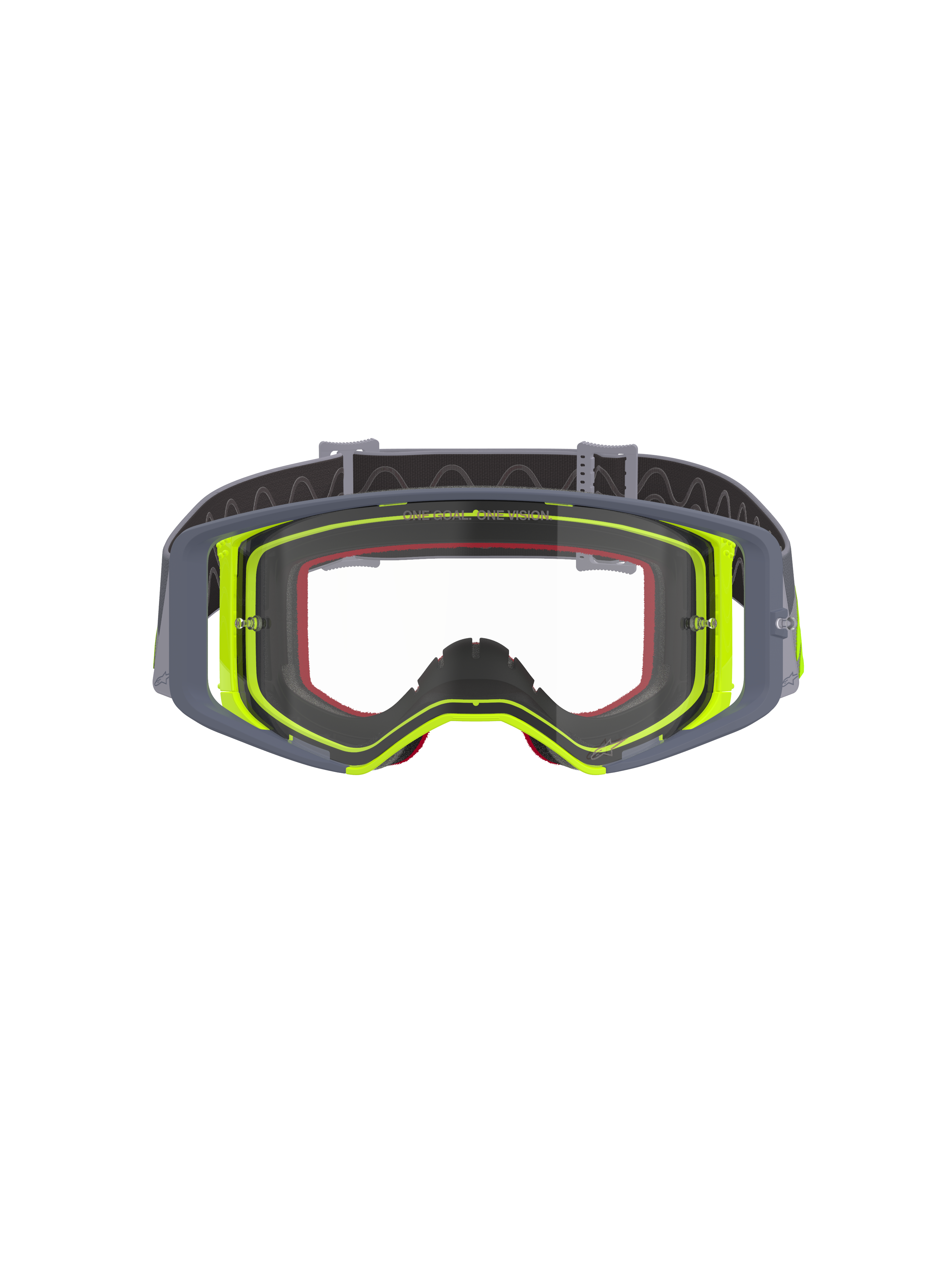 Alpinestars Supertech Stream Goggles, motocrossglasögon, grå och fluorescerande gul ram med klar lins, frontvy som visar den breda siktfältsdesignen och den tekniska ramkonstruktionen, ögonskydd för terrängkörning