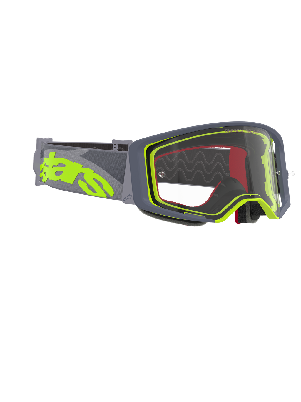 Alpinestars Supertech Stream Goggles, motocrossglasögon, grå och fluorgul ram med klar lins, brett grått band med en stor fluorgul logotyp, designade för prestanda inom offroad- och motocrossracing