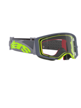 Alpinestars Supertech Stream Goggles, motocrossglasögon, grå och fluorgul ram med klar lins, brett grått band med en stor fluorgul logotyp, designade för prestanda inom offroad- och motocrossracing
