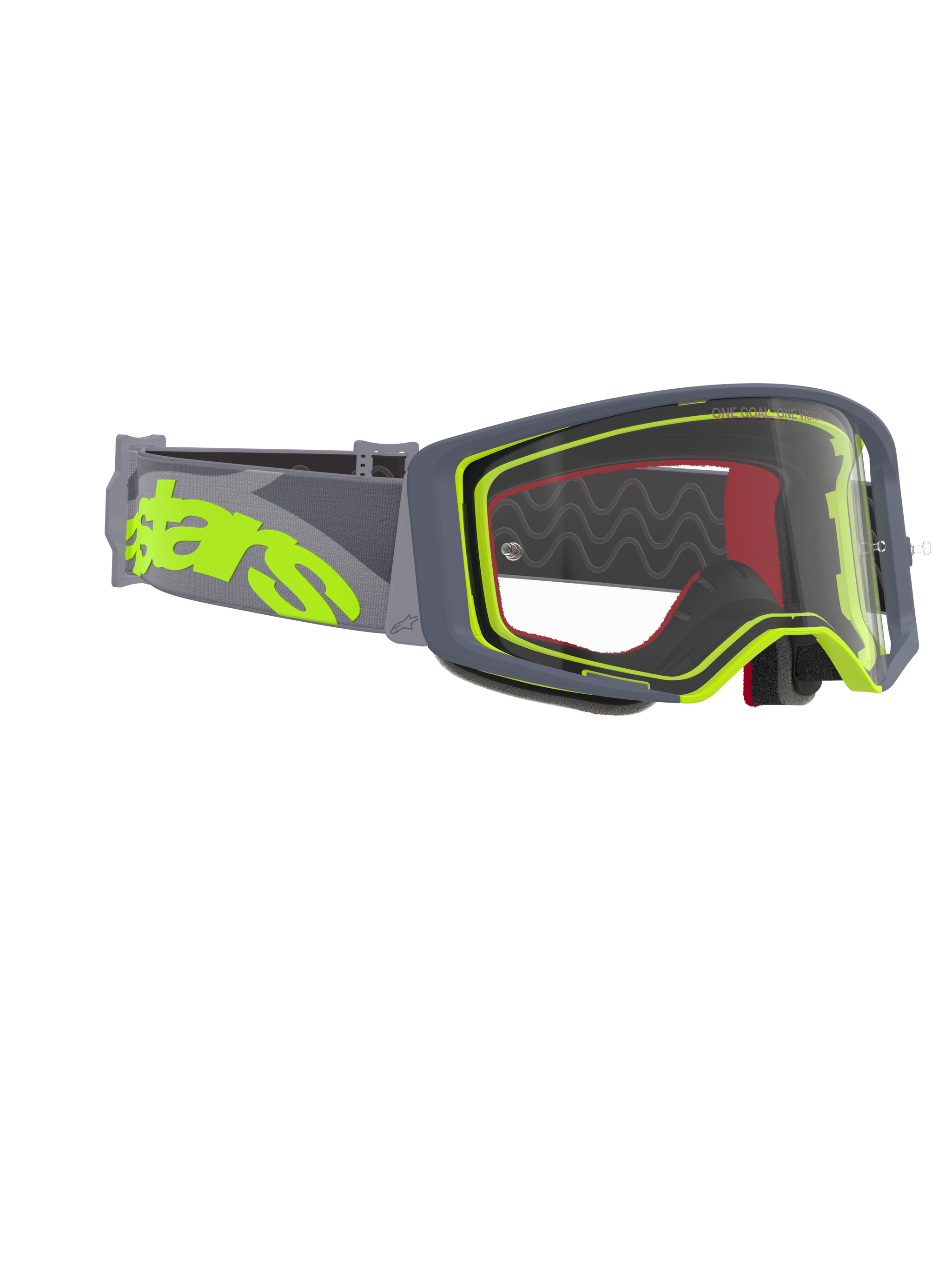 Alpinestars Supertech Stream Goggles, motocrossglasögon, grå och fluorgul ram med klar lins, brett grått band med en stor fluorgul logotyp, designade för prestanda inom offroad- och motocrossracing