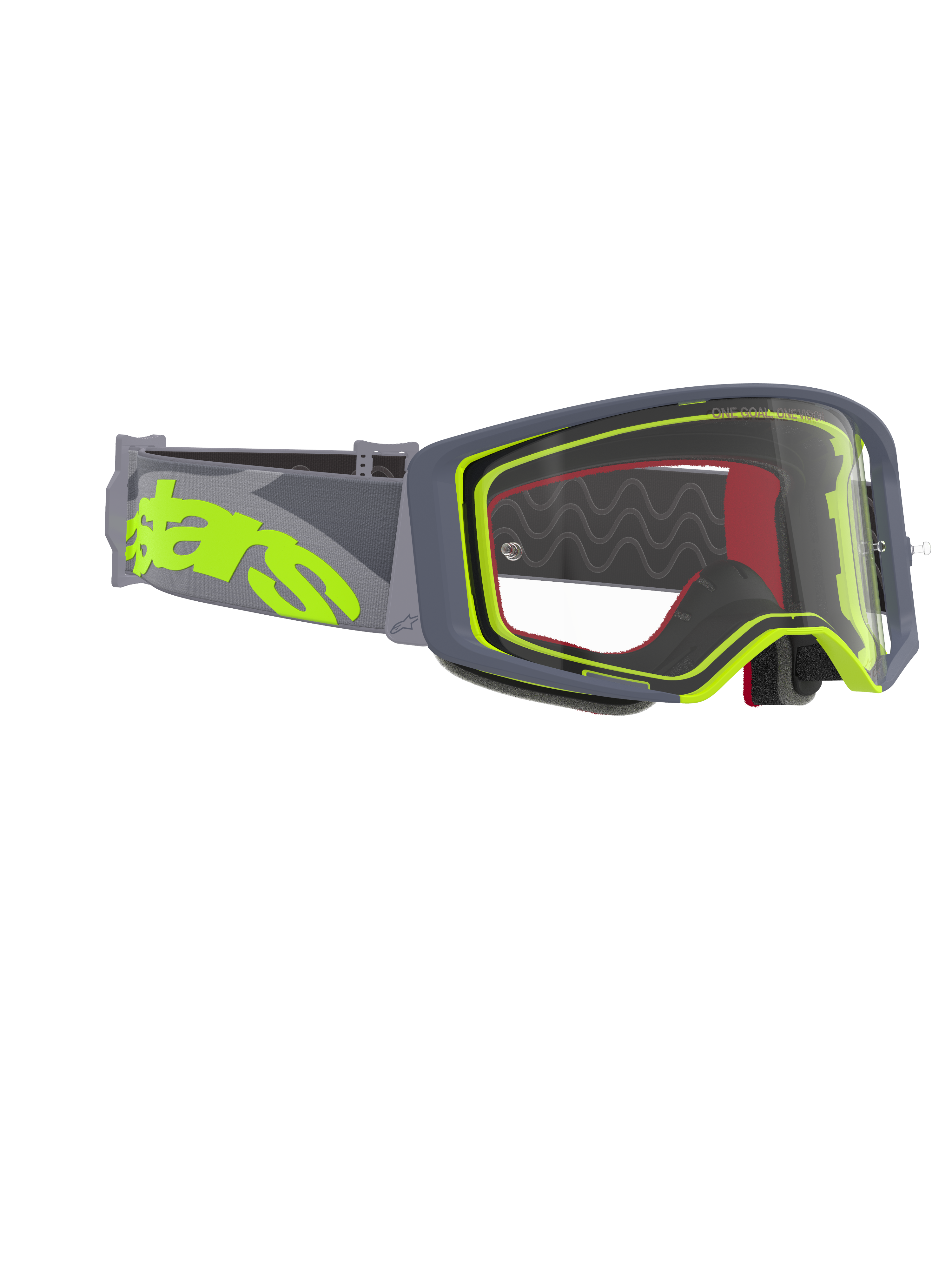Alpinestars Supertech Stream Goggles, motocrossglasögon, grå och fluorgul ram med klar lins, brett grått band med en stor fluorgul logotyp, designade för prestanda inom offroad- och motocrossracing