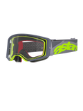 Alpinestars Supertech Stream Goggles, motocrossglasögon, grå och gul fluo, klar lins med grå ram, rött invändigt skum, bred grå rem med tydlig neongul astars-branding, professionella glasögon för terrängkörning
