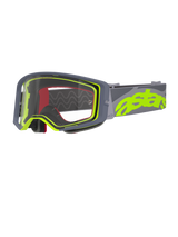 Alpinestars Supertech Stream Goggles, motocrossglasögon, grå och gul fluo, klar lins med grå ram, rött invändigt skum, bred grå rem med tydlig neongul astars-branding, professionella glasögon för terrängkörning