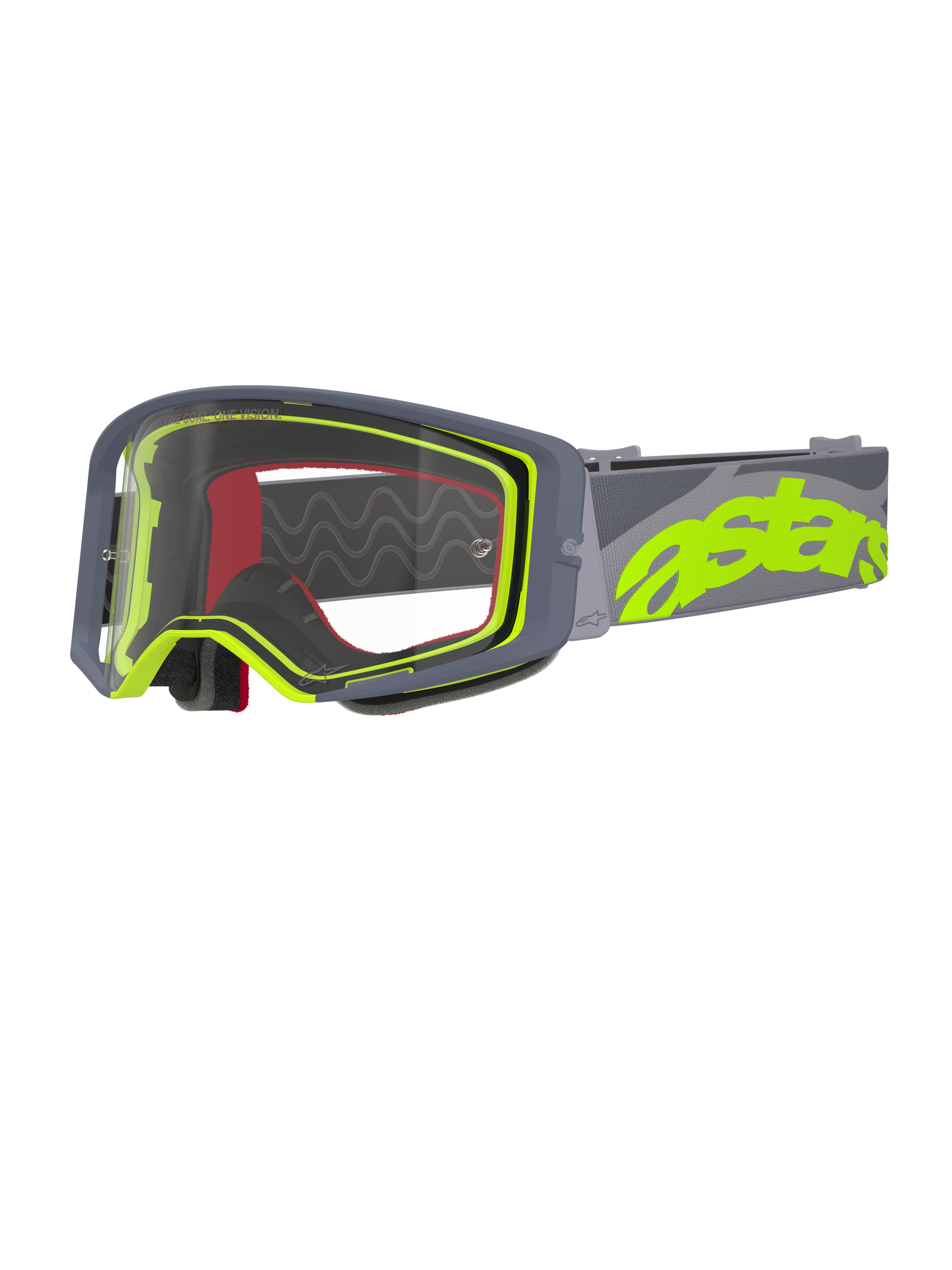 Alpinestars Supertech Stream Goggles, motocrossglasögon, grå och gul fluo, klar lins med grå ram, rött invändigt skum, bred grå rem med tydlig neongul astars-branding, professionella glasögon för terrängkörning