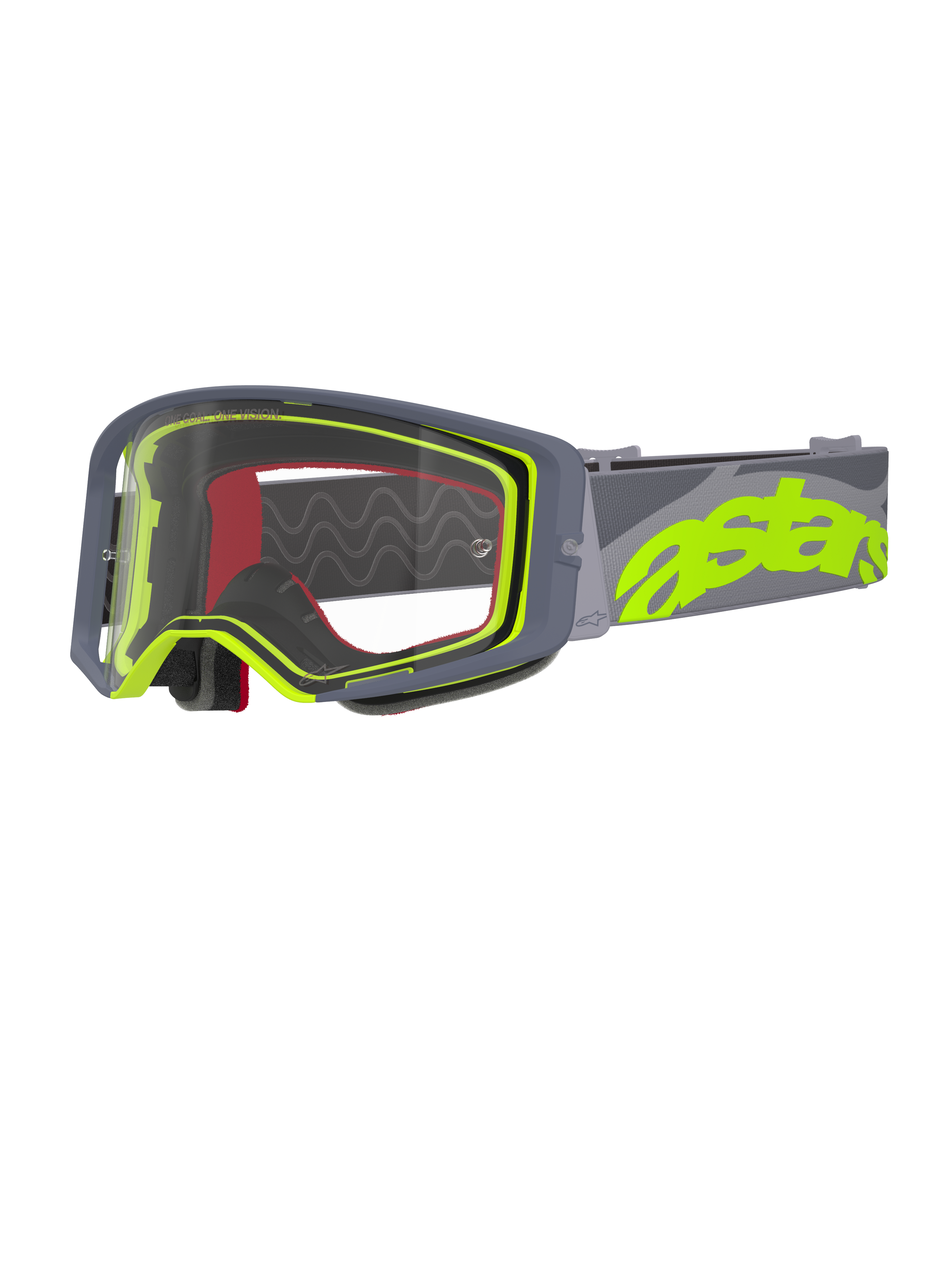 Alpinestars Supertech Stream Goggles, motocrossglasögon, grå och gul fluo, klar lins med grå ram, rött invändigt skum, bred grå rem med tydlig neongul astars-branding, professionella glasögon för terrängkörning