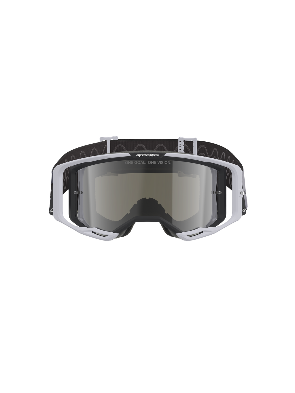 Alpinestars Vision 8 Lahnd Goggles, motocrossglasögon, Iron Camo Mirror Silver, ljusgrå ram med silverspeglad lins, svart rem med vågigt mönster, professionella glasögon för terrängkörning och motocross