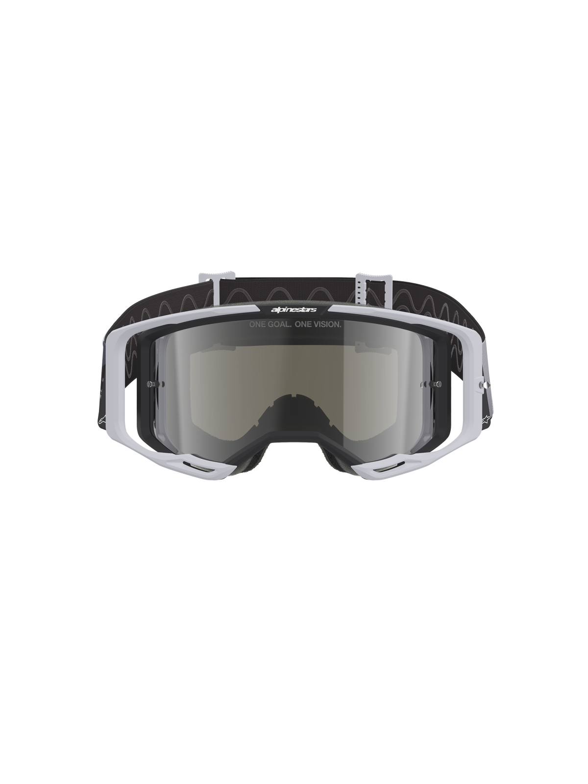 Alpinestars Vision 8 Lahnd Goggles, motocrossglasögon, Iron Camo Mirror Silver, ljusgrå ram med silverspeglad lins, svart rem med vågigt mönster, professionella glasögon för terrängkörning och motocross