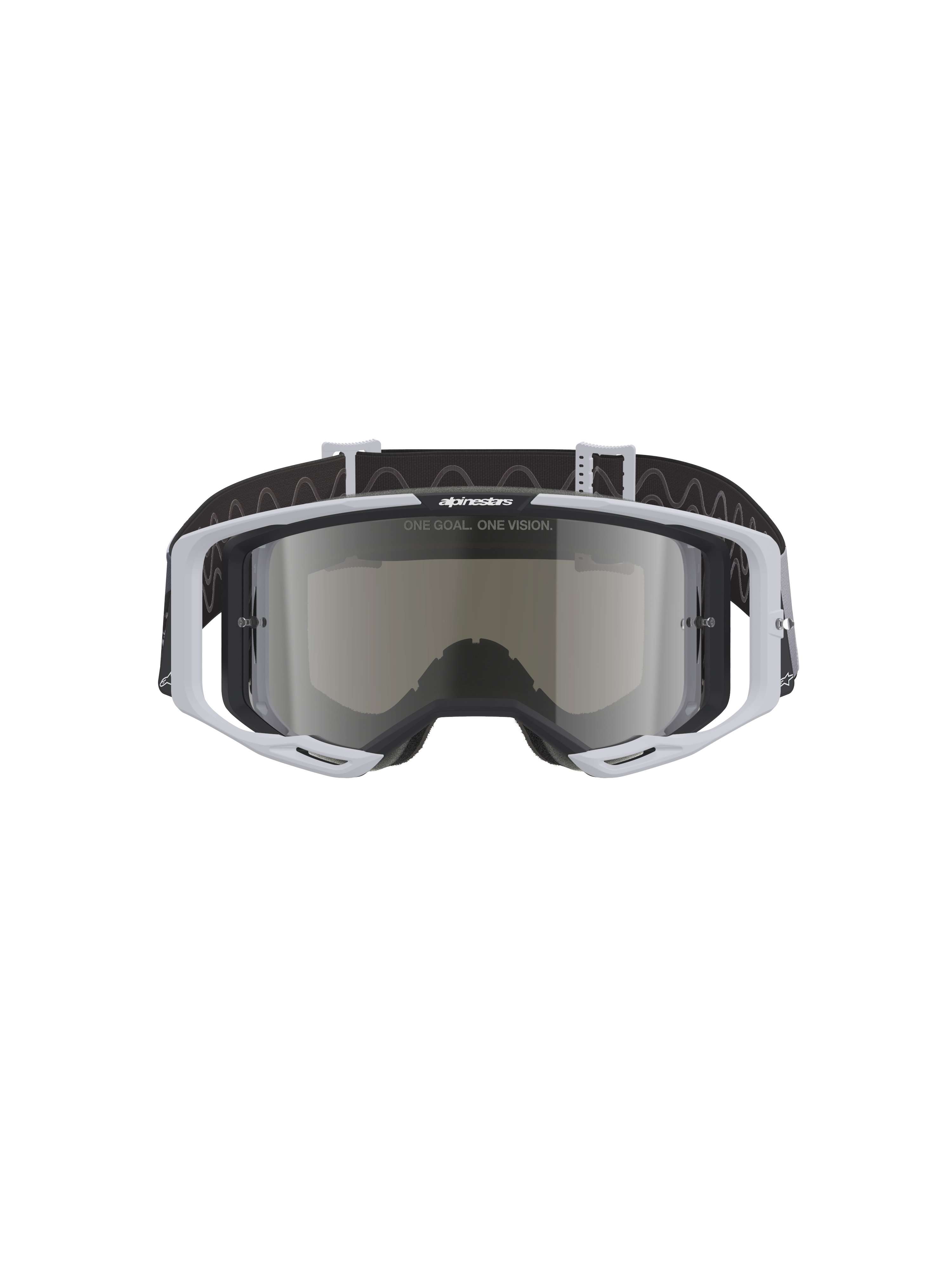 Alpinestars Vision 8 Lahnd Goggles, motocrossglasögon, Iron Camo Mirror Silver, ljusgrå ram med silverspeglad lins, svart rem med vågigt mönster, professionella glasögon för terrängkörning och motocross