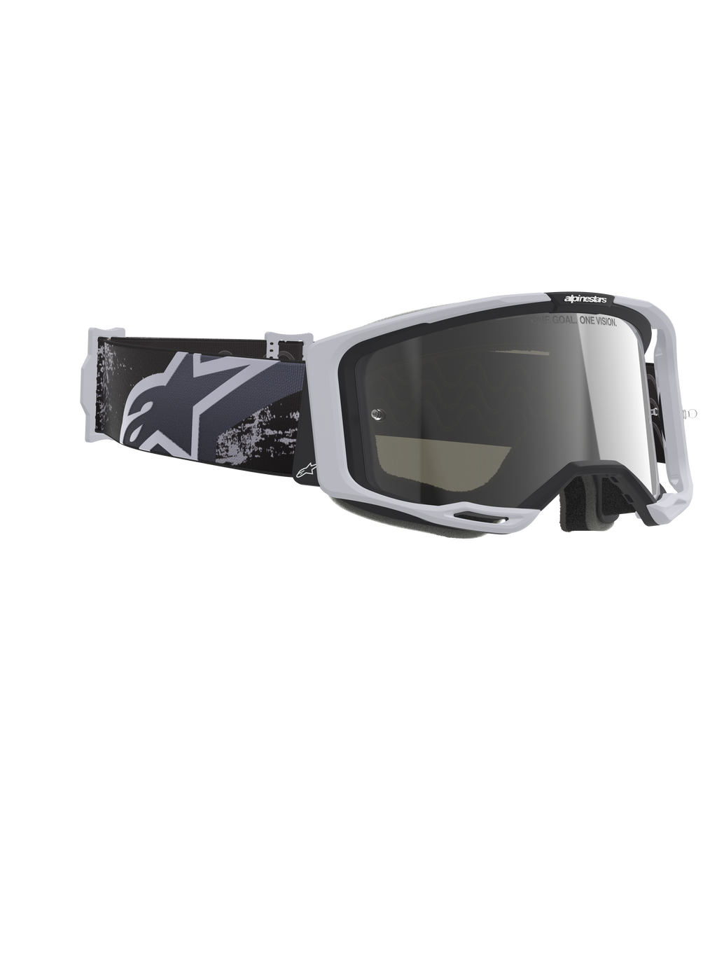 Alpinestars Vision 8 Lahnd Goggles, motocrossglasögon, Iron Camo Mirror Silver, ljusgrå ram med spegelsilverlins, svart och grått kamouflagemönstrat band med vit Alpinestars-logotyp, högpresterande ögonskydd för terrängkörning