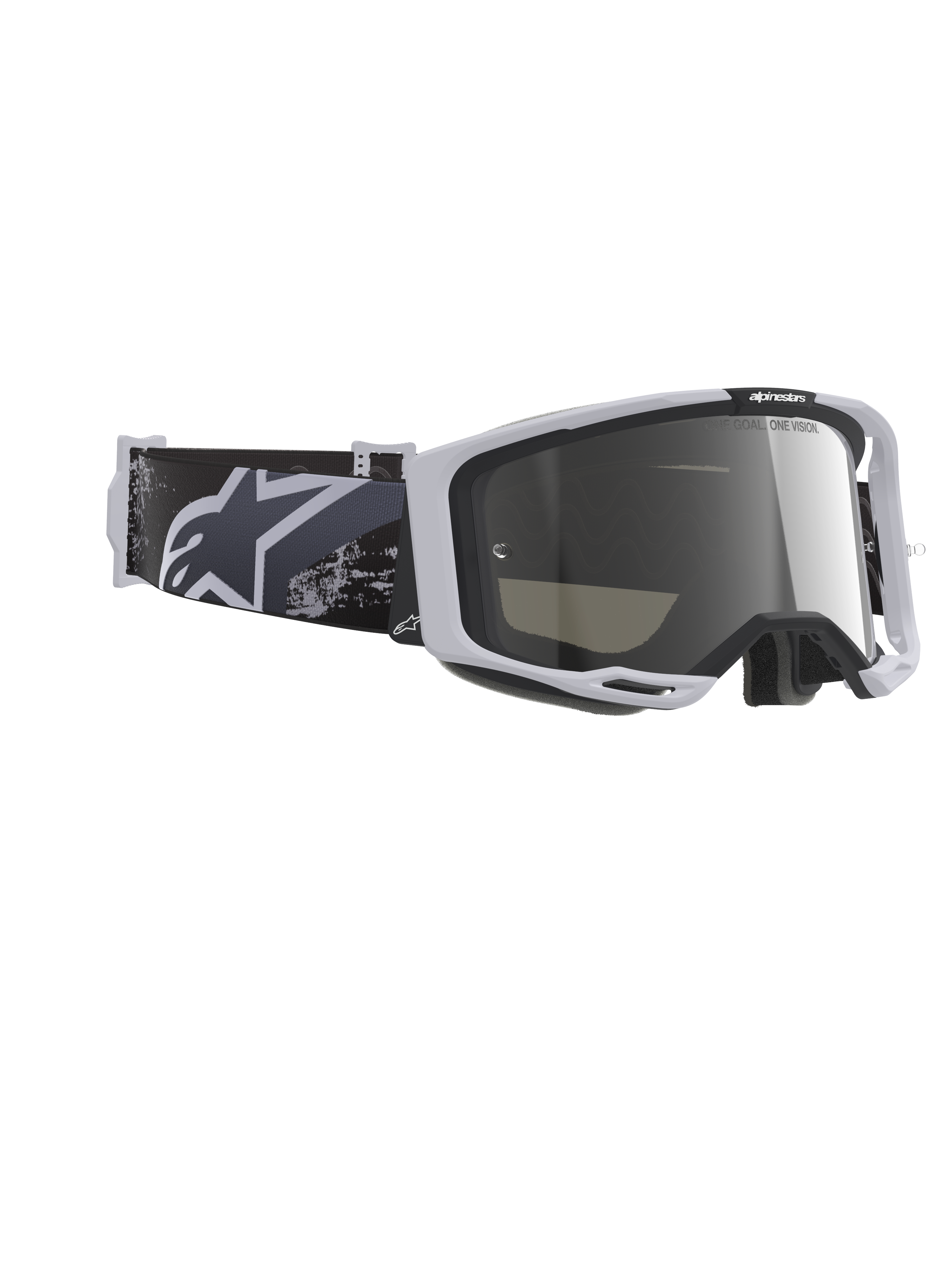 Alpinestars Vision 8 Lahnd Goggles, motocrossglasögon, Iron Camo Mirror Silver, ljusgrå ram med spegelsilverlins, svart och grått kamouflagemönstrat band med vit Alpinestars-logotyp, högpresterande ögonskydd för terrängkörning