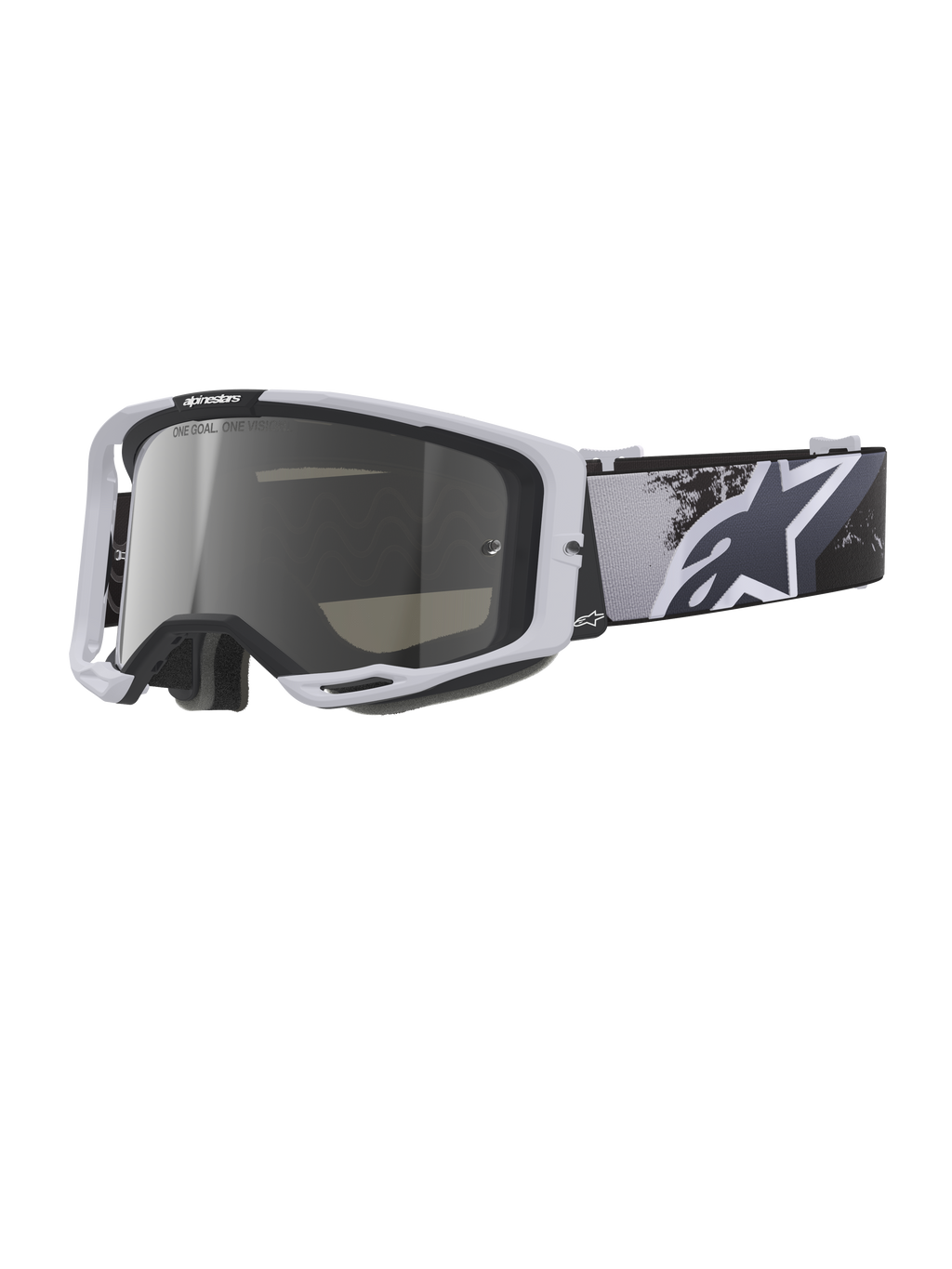 Alpinestars Vision 8 Lahnd goggles, motocrossglasögon, Iron Camo Mirror Silver, vit ram med silverspeglad lins, gråskaligt kamouflagemönstrat band med en stor vit stjärnlogotyp, högpresterande glasögon för terrängkörning