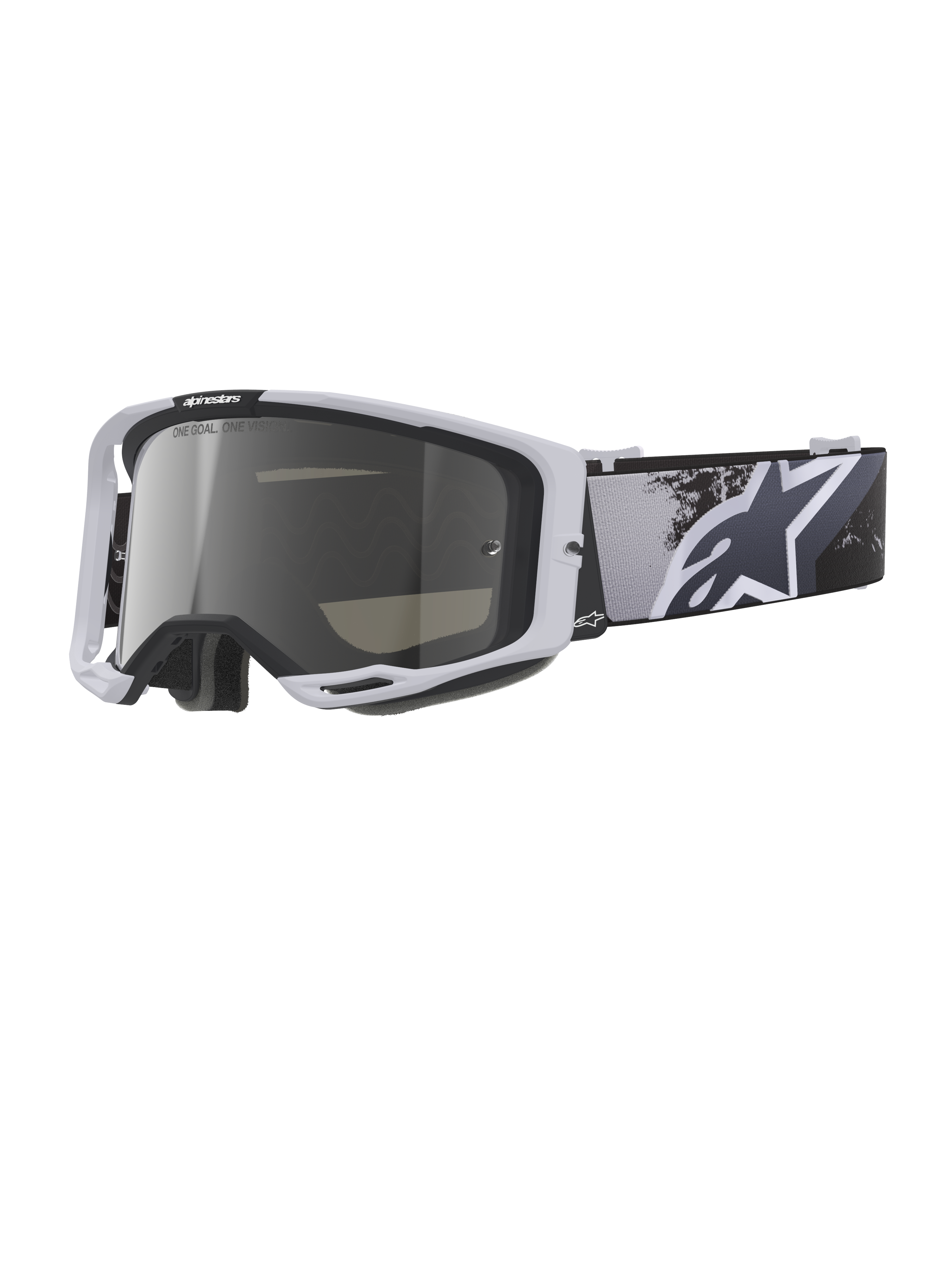 Alpinestars Vision 8 Lahnd goggles, motocrossglasögon, Iron Camo Mirror Silver, vit ram med silverspeglad lins, gråskaligt kamouflagemönstrat band med en stor vit stjärnlogotyp, högpresterande glasögon för terrängkörning