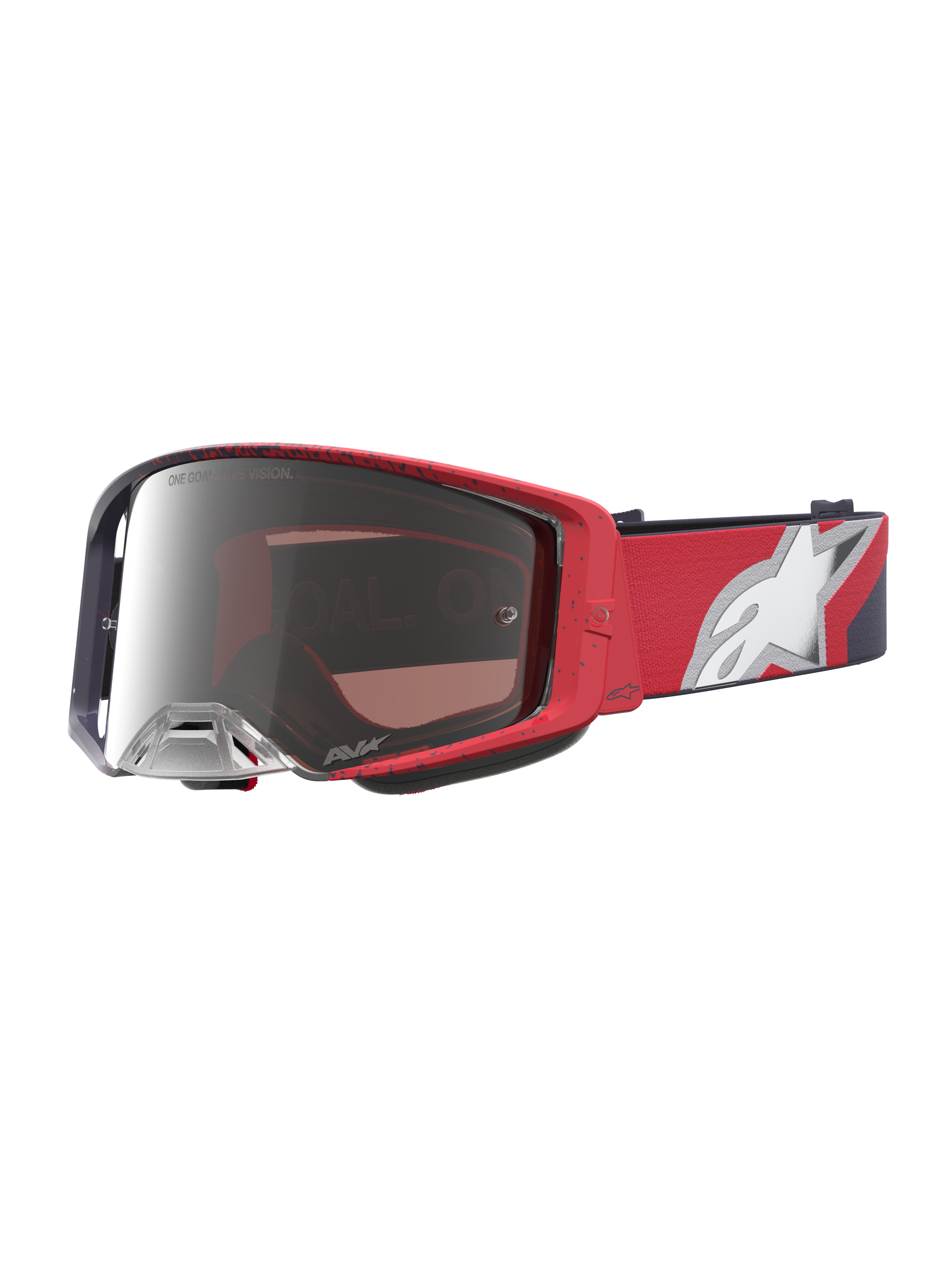 Alpinestars Supertech Hiten goggles, röd-svarta goggles för motocross med silverfärgad spegellins för terrängkörning.