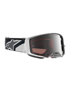 Alpinestars Supertech Hiten goggles, motocrossgoggles, vita och svarta med spegelsilverlins, rem med stjärnlogotyp, högpresterande utrustning för terrängkörning