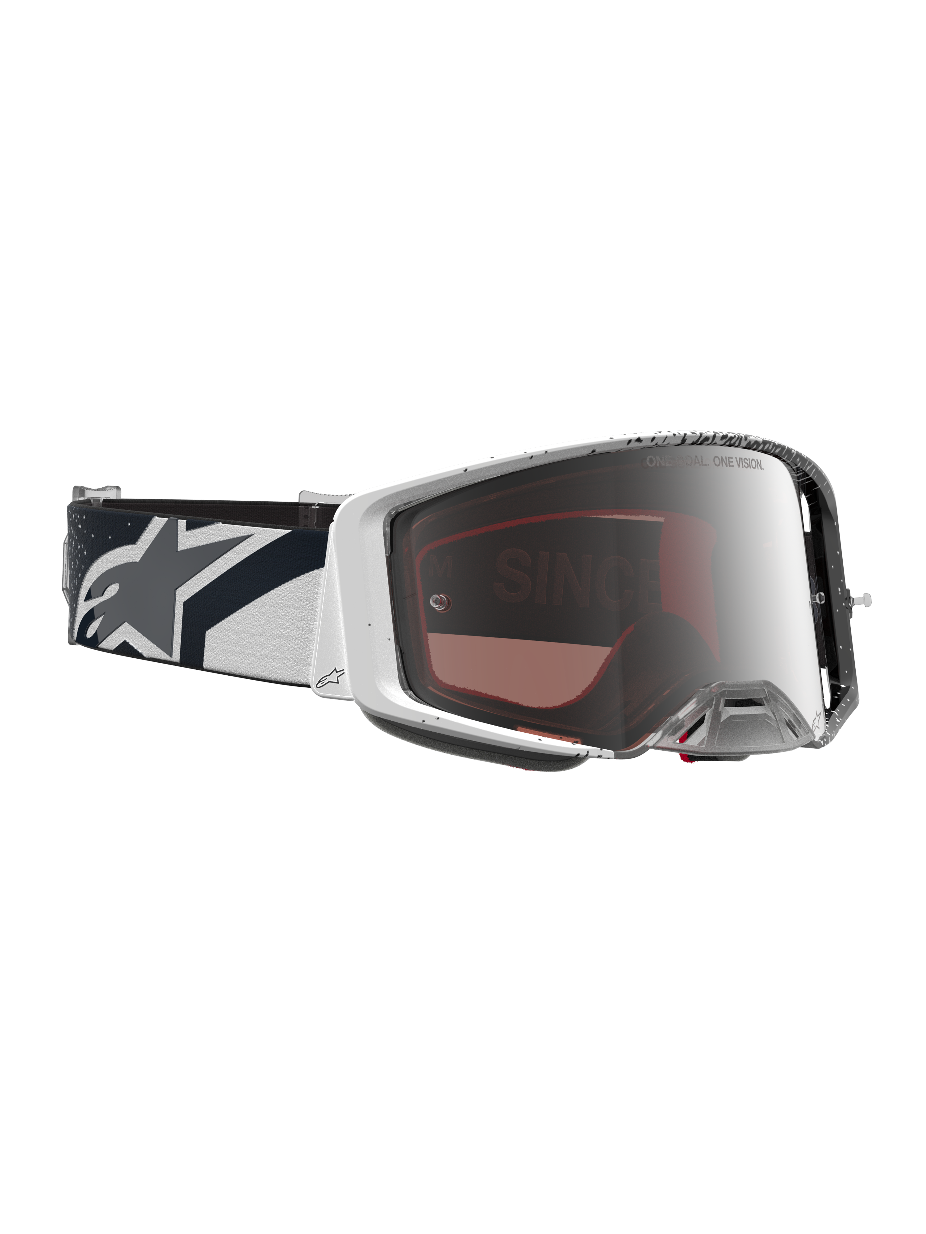 Alpinestars Supertech Hiten goggles, motocrossgoggles, vita och svarta med spegelsilverlins, rem med stjärnlogotyp, högpresterande utrustning för terrängkörning