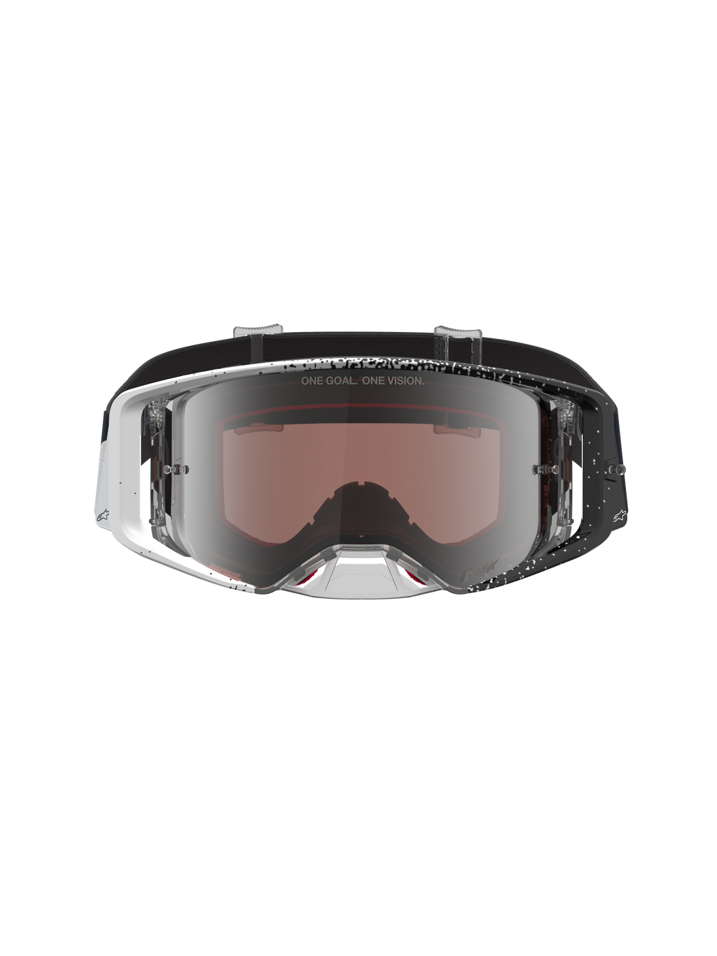 Alpinestars Supertech Hiten goggles, motocrossgoggles med vit och svart spräcklig ram och silverspegelglas, professionellt MX-skydd för terrängkörning