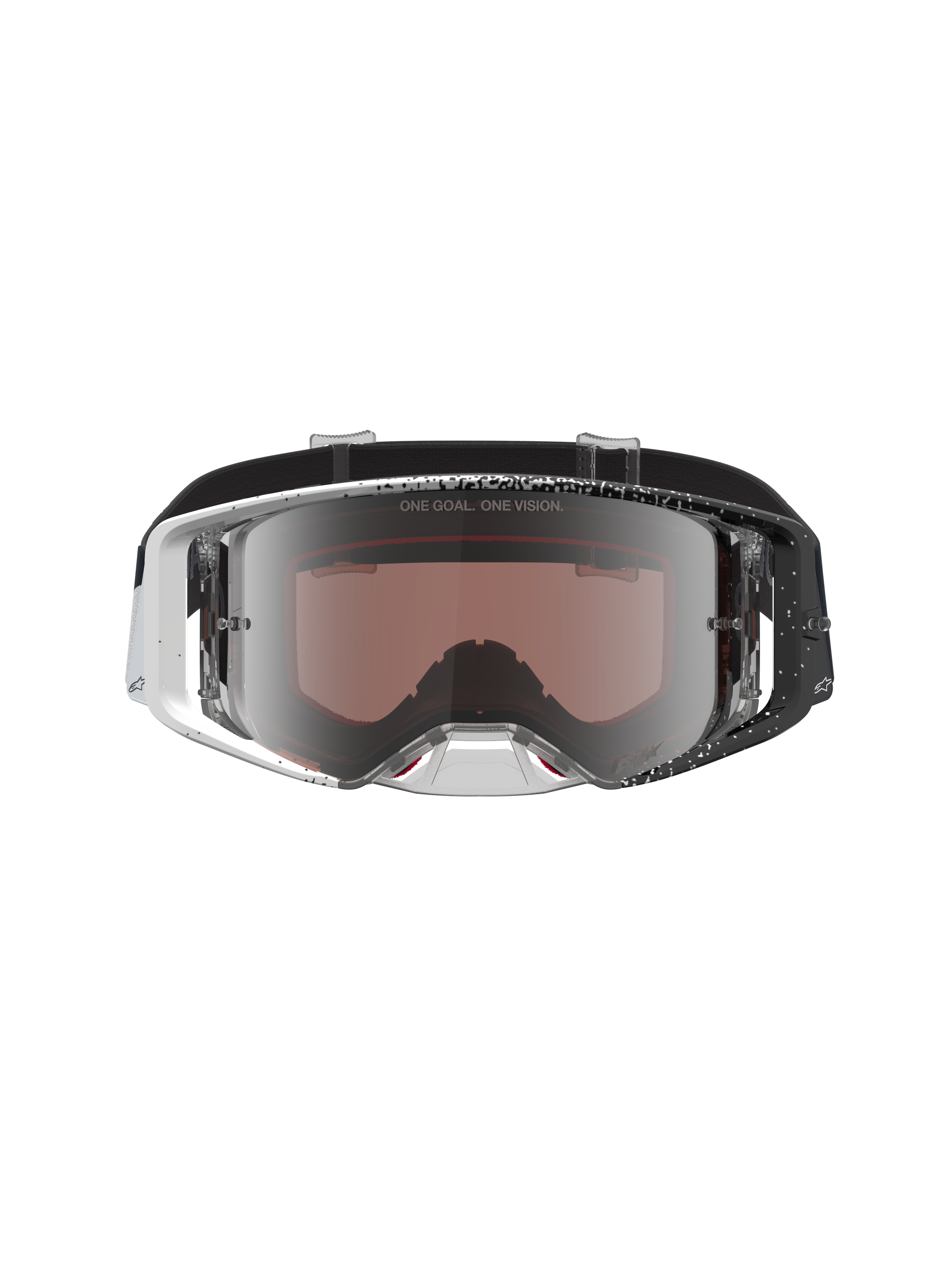 Alpinestars Supertech Hiten goggles, motocrossgoggles med vit och svart spräcklig ram och silverspegelglas, professionellt MX-skydd för terrängkörning