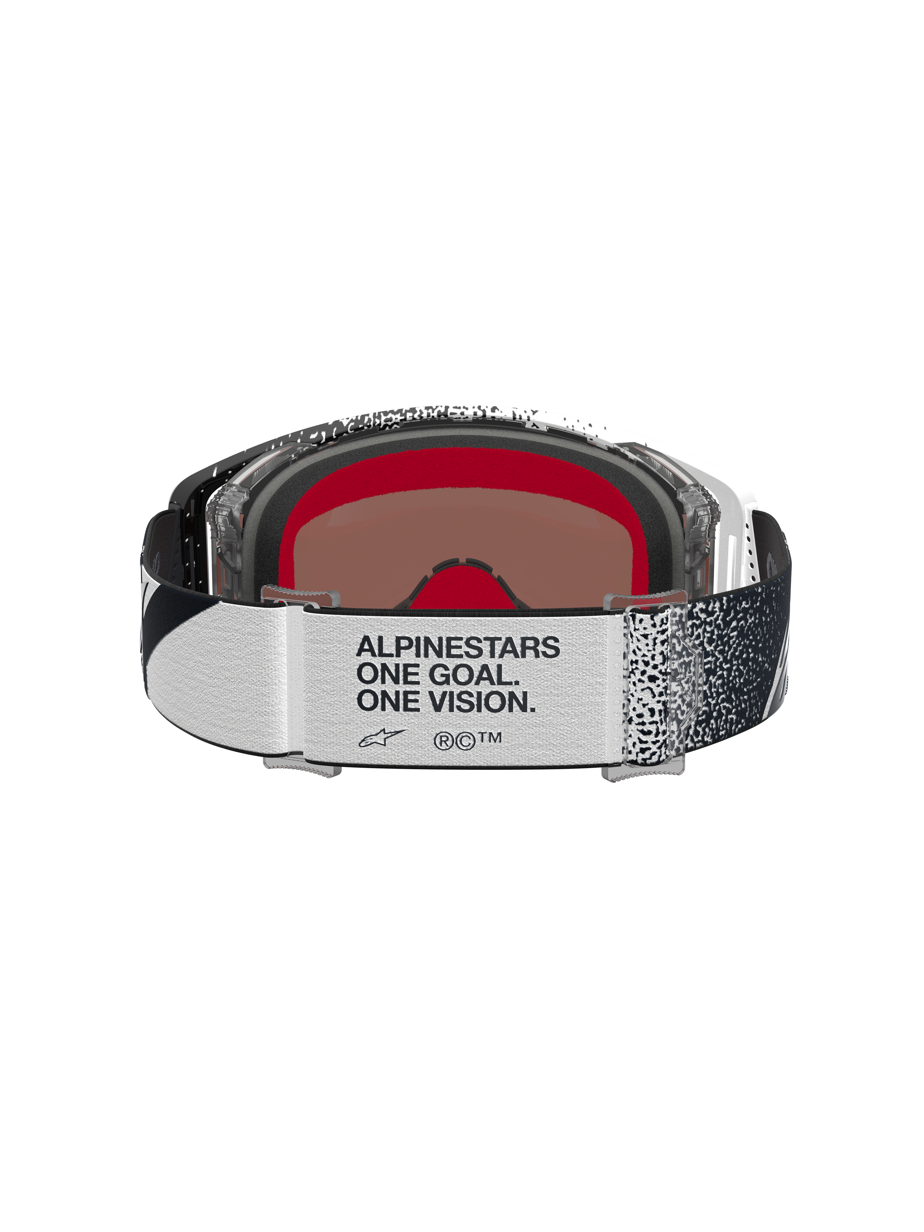 Alpinestars Supertech Hiten goggles, motocross-goggles, vit och svart, vy bakifrån med märkesrem och One Goal. One Vision