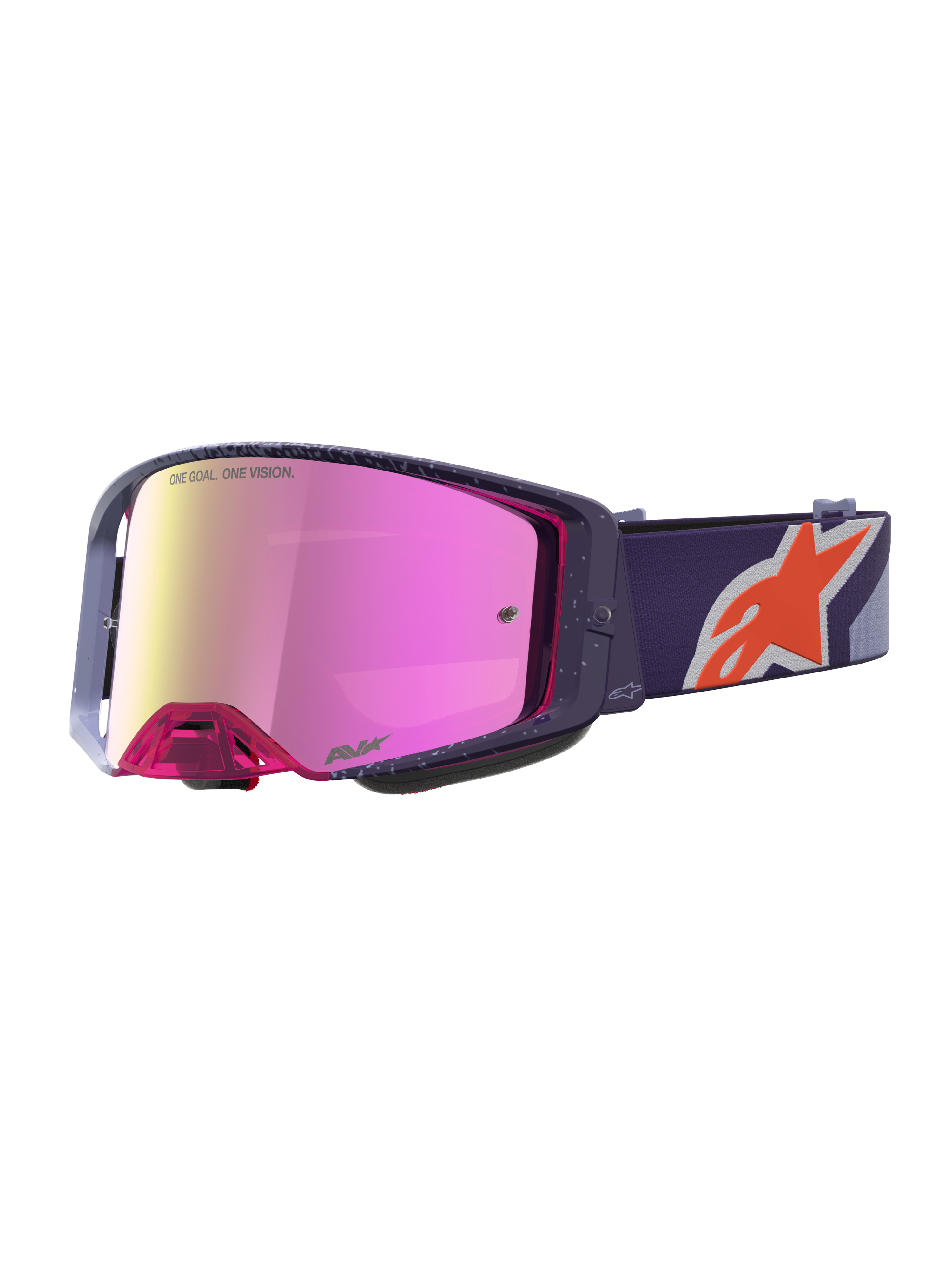 Alpinestars Supertech Hiten goggles för motocross, lila ram och band med rödrosa spegellins, röd logotyp, terrängkörning.