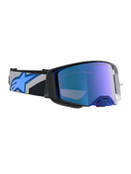Alpinestars Supertech Hiten Goggles, motocrossgoggles i svart och blått med blå spegellins, optimerade för terrängkörning med hög optisk klarhet och effektiv fukthantering.