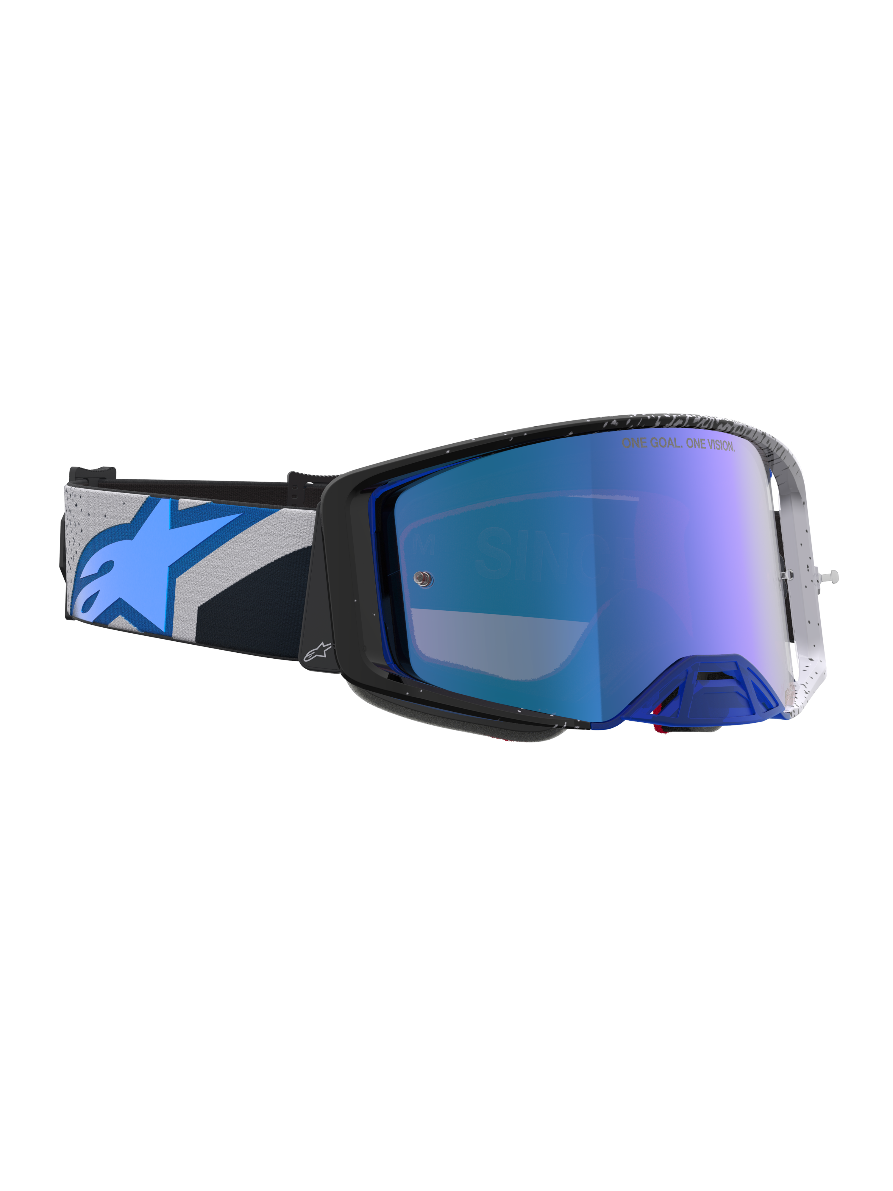 Alpinestars Supertech Hiten Goggles, motocrossgoggles i svart och blått med blå spegellins, optimerade för terrängkörning med hög optisk klarhet och effektiv fukthantering.