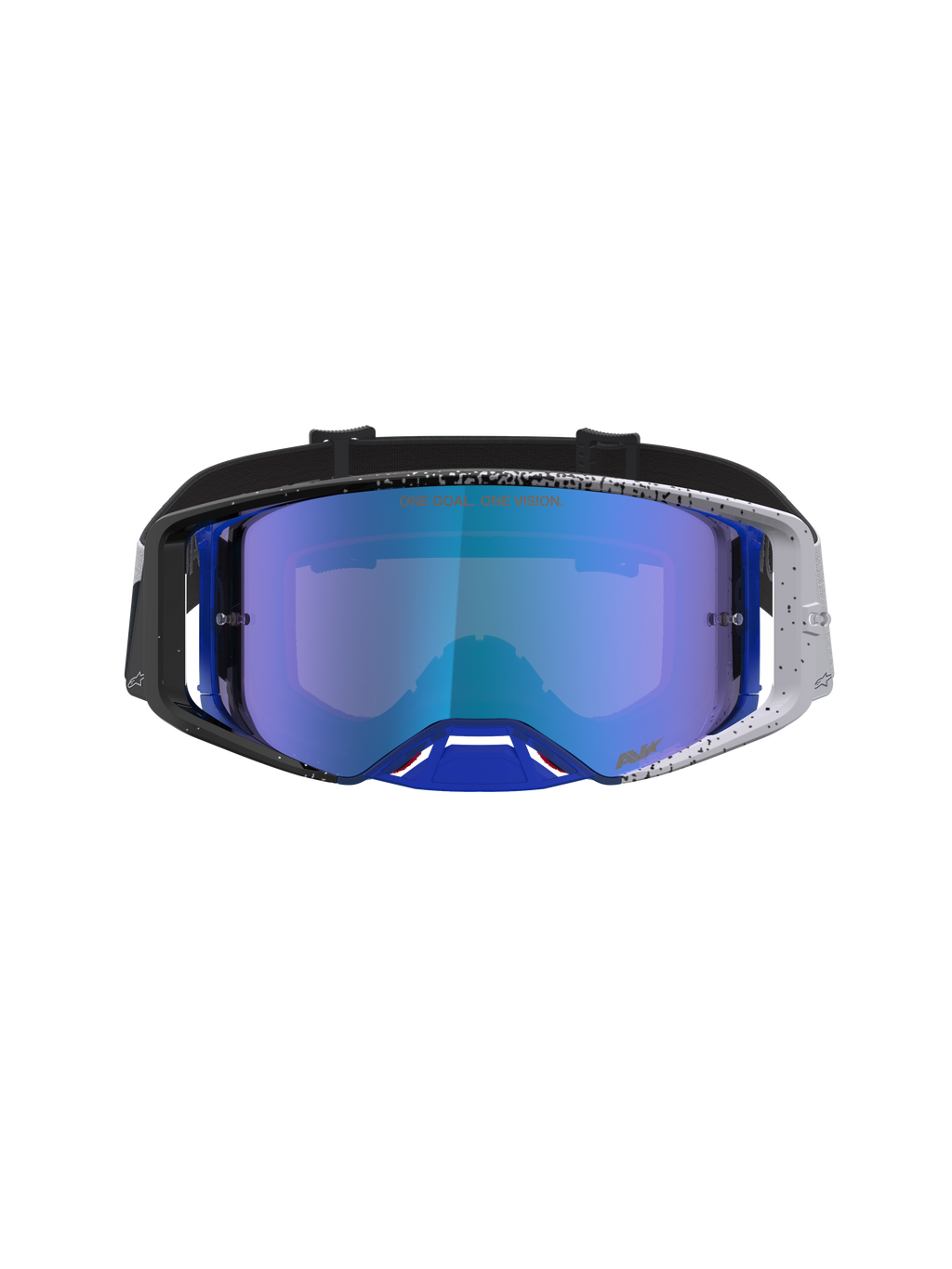Alpinestars Supertech Hiten goggles, motocross-goggles för terrängkörning, blå spegellins, svart och blå spräcklig ram, professionellt ögonskydd.