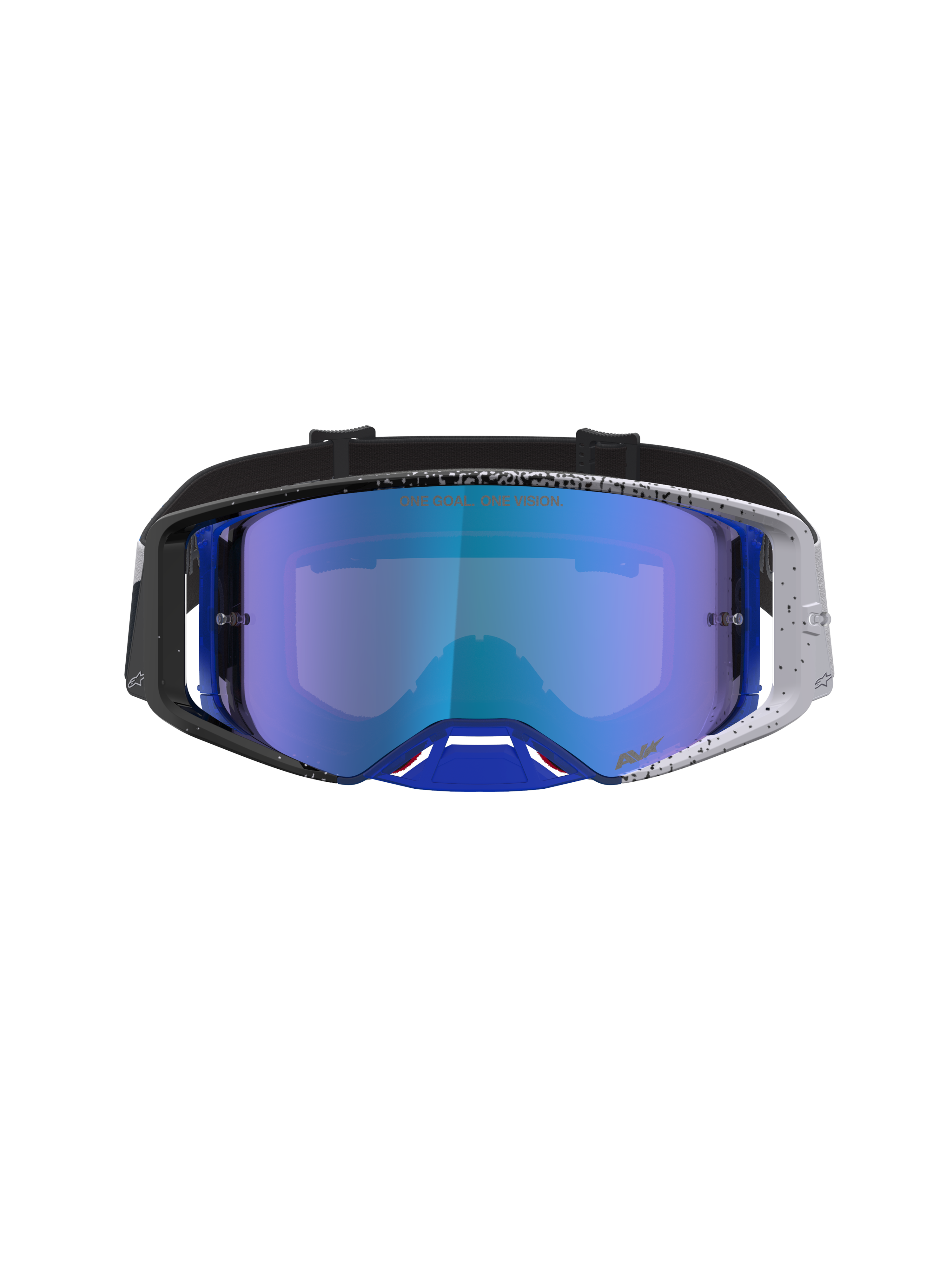 Alpinestars Supertech Hiten goggles, motocross-goggles för terrängkörning, blå spegellins, svart och blå spräcklig ram, professionellt ögonskydd.
