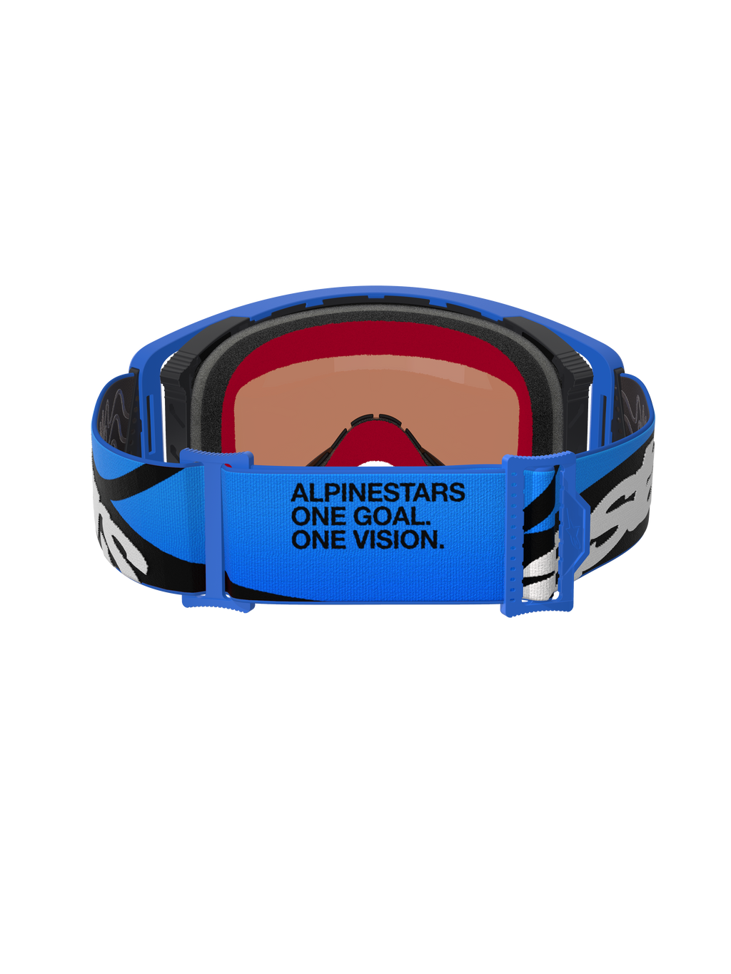 Alpinestars Supertech Stream Goggles, motocrossglasögon, Blue Mirror Blue, baksida som visar blått justerbart band med svart och vit grafik och texten 'ALPINESTARS ONE GOAL. ONE VISION.', flerskiktat ansiktsskum för komfort och tätning