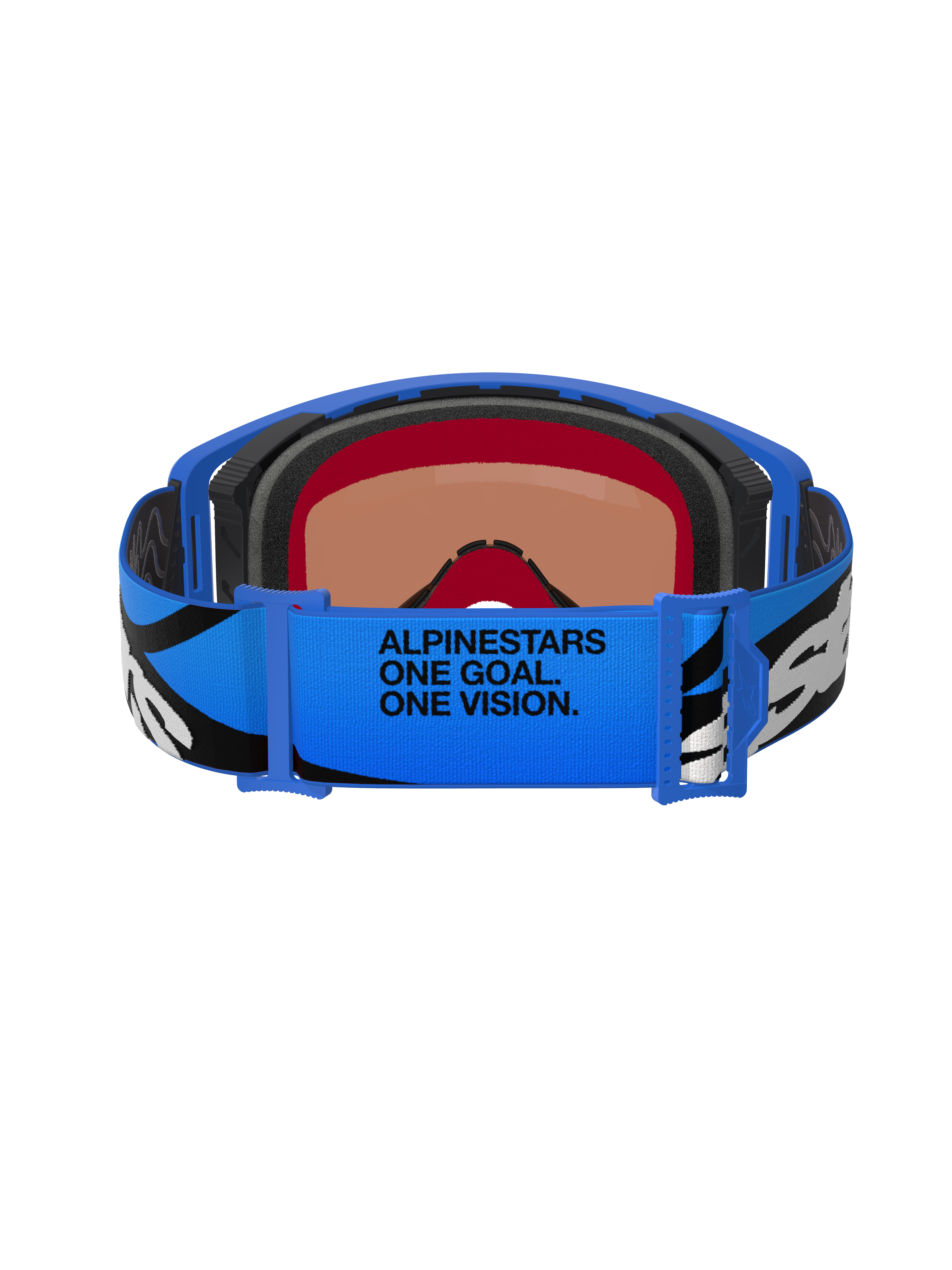 Alpinestars Supertech Stream Goggles, motocrossglasögon, Blue Mirror Blue, baksida som visar blått justerbart band med svart och vit grafik och texten 'ALPINESTARS ONE GOAL. ONE VISION.', flerskiktat ansiktsskum för komfort och tätning