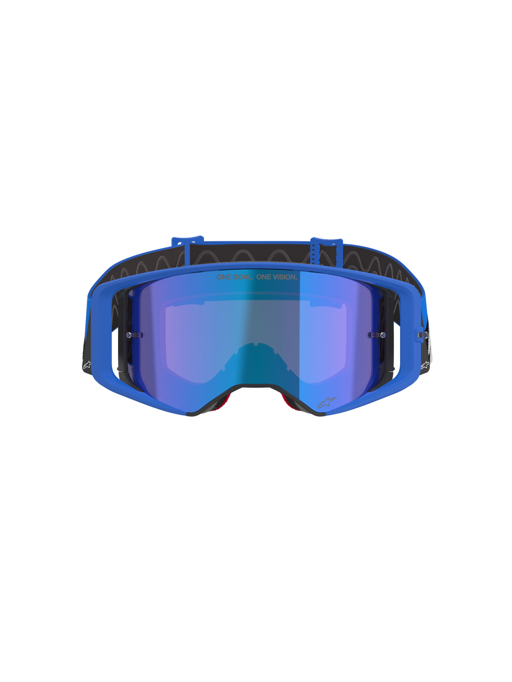 Alpinestars Supertech Stream Goggles, motocrossglasögon, blå spegellins och blå ram, vy framifrån, svart rem med vit logotyp, med texten 'ONE GOAL... ONE VISION.' på linsen, högpresterande skyddsglasögon för terrängkörning