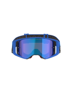 Alpinestars Supertech Stream Goggles, motocrossglasögon, blå spegellins och blå ram, vy framifrån, svart rem med vit logotyp, med texten 'ONE GOAL... ONE VISION.' på linsen, högpresterande skyddsglasögon för terrängkörning