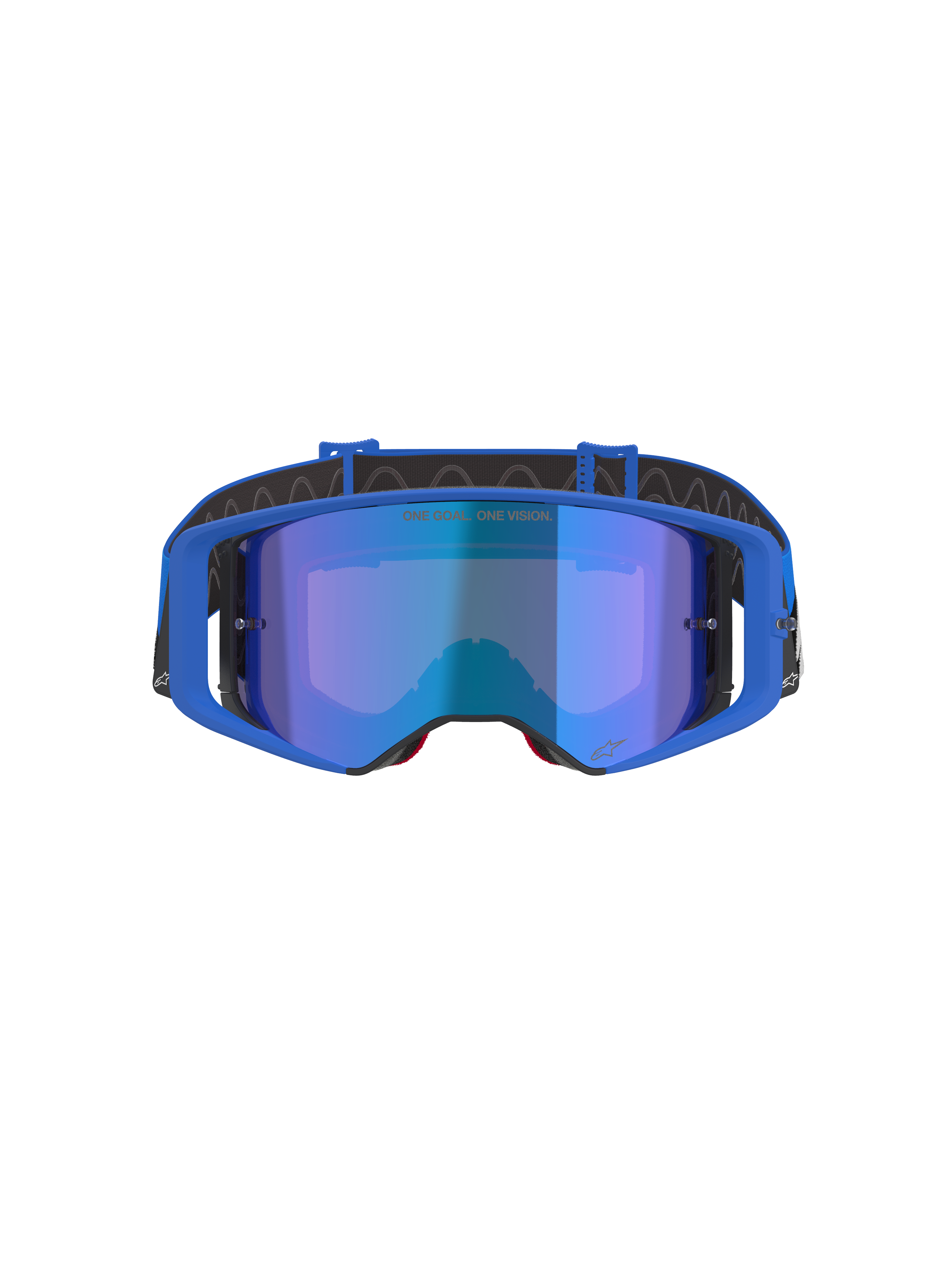 Alpinestars Supertech Stream Goggles, motocrossglasögon, blå spegellins och blå ram, vy framifrån, svart rem med vit logotyp, med texten 'ONE GOAL... ONE VISION.' på linsen, högpresterande skyddsglasögon för terrängkörning