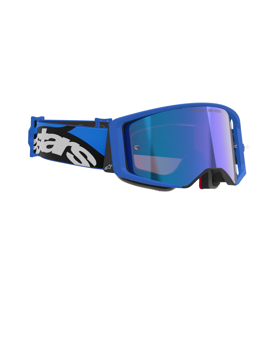 Alpinestars Supertech Stream Goggles, Blue Mirror Blue, motocrossglasögon med blå ram och blå spegellins, blått och svart justerbart band med framträdande vit Alpinestars-logotyp, professionella racingglasögon för terrängkörning
