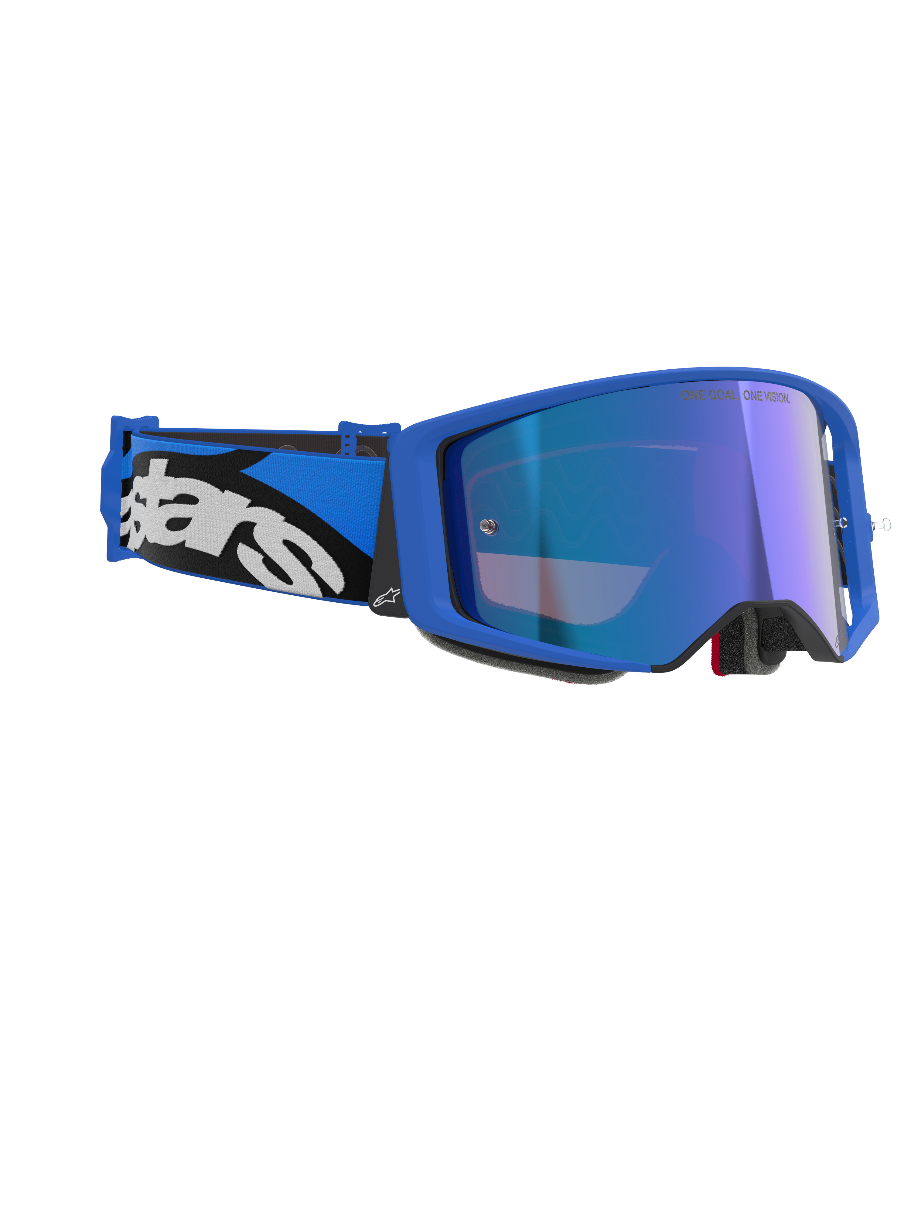 Alpinestars Supertech Stream Goggles, Blue Mirror Blue, motocrossglasögon med blå ram och blå spegellins, blått och svart justerbart band med framträdande vit Alpinestars-logotyp, professionella racingglasögon för terrängkörning