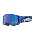Alpinestars Supertech Stream goggles, motocross- och terrängglasögon, klarblå ram med blå spegellins, bred blå och svart rem med vit Astars-logotyp, grå skumvaddering, professionell racingutrustning