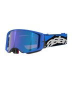 Alpinestars Supertech Stream goggles, motocross- och terrängglasögon, klarblå ram med blå spegellins, bred blå och svart rem med vit Astars-logotyp, grå skumvaddering, professionell racingutrustning