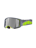 Alpinestars Supertech Stream Goggles, motocrossglasögon för racing, grå och neongula, med reflekterande Mirror Silver-lins, bred vinklad ram med skumvaddering och justerbar rem med framträdande neongul logotyp.