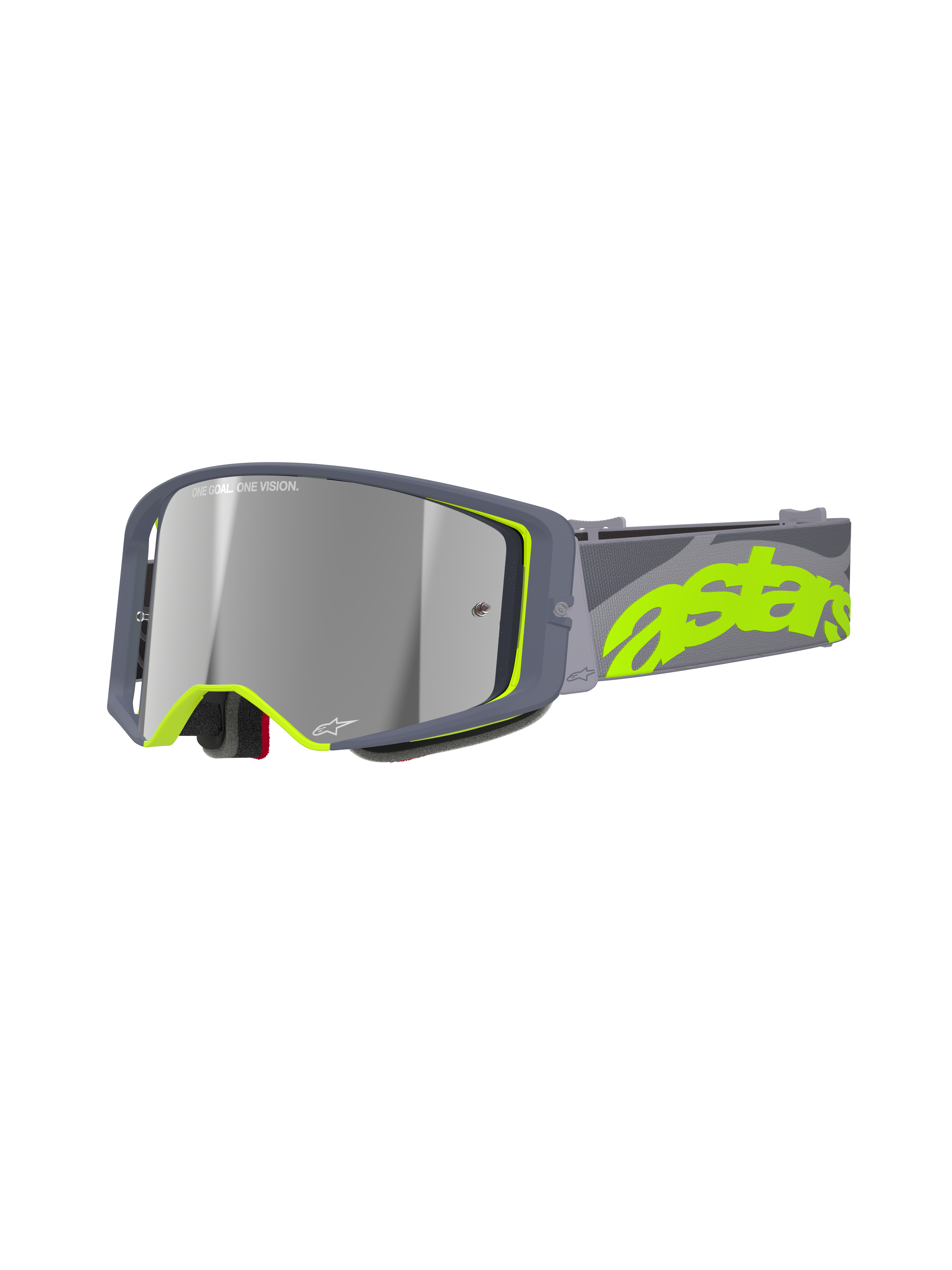 Alpinestars Supertech Stream Goggles, motocrossglasögon för racing, grå och neongula, med reflekterande Mirror Silver-lins, bred vinklad ram med skumvaddering och justerbar rem med framträdande neongul logotyp.