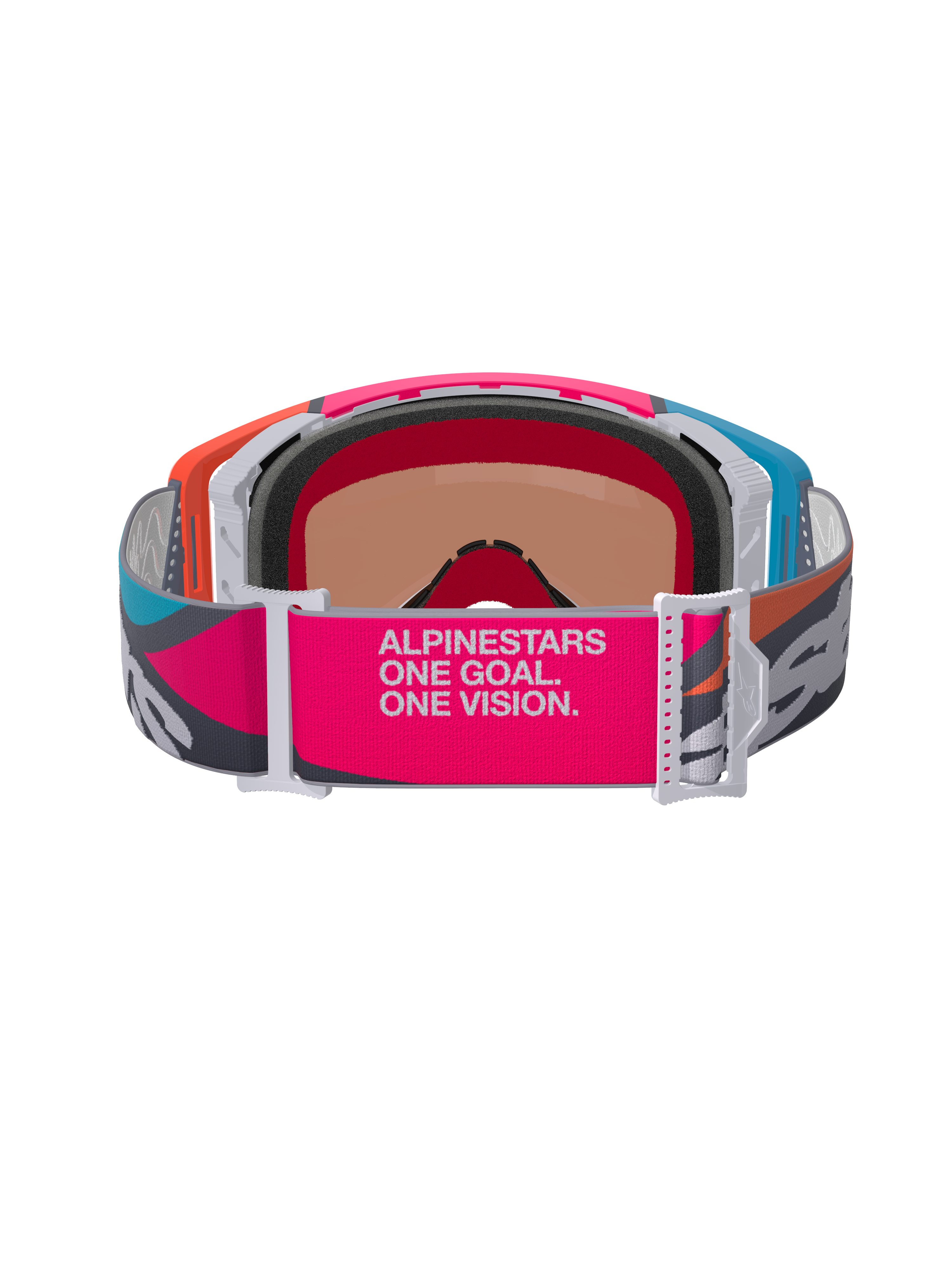Alpinestars Supertech Stream Goggles, vy bakifrån som visar brett rosa och grått band med 'ALPINESTARS ONE GOAL. ONE VISION.' branding, flerfärgad ram i orange och blått, 3D-format ansiktsskum, professionella glasögon för motocross och terrängkörning