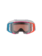 Alpinestars Supertech Stream Goggles, motocrossglasögon, färgstark flerfärgad ram med blå, orange och rosa detaljer, Silver Mirror-lins med texten 'ONE GOAL. ONE VISION.', vitt mönstrat band, högpresterande ögonskydd för terrängkörning