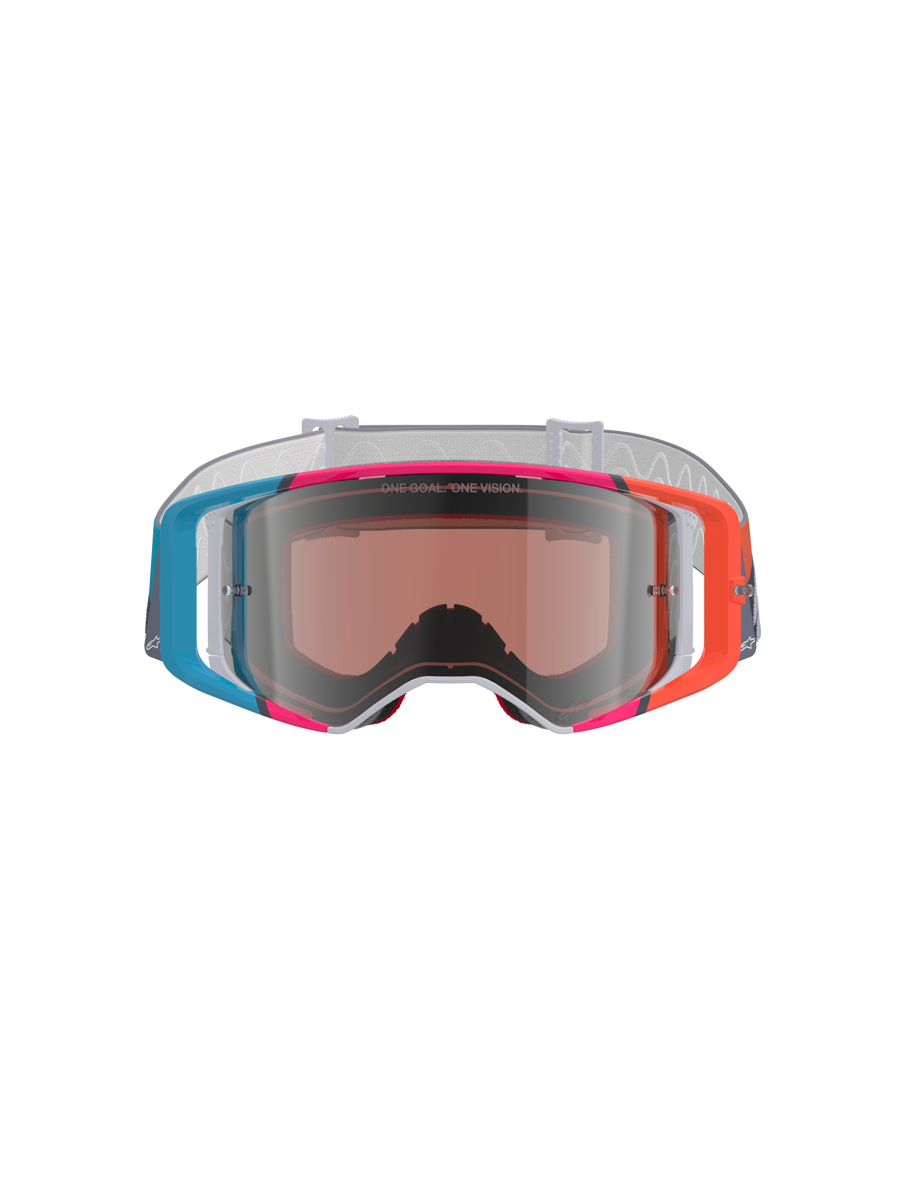 Alpinestars Supertech Stream Goggles, motocrossglasögon, färgstark flerfärgad ram med blå, orange och rosa detaljer, Silver Mirror-lins med texten 'ONE GOAL. ONE VISION.', vitt mönstrat band, högpresterande ögonskydd för terrängkörning