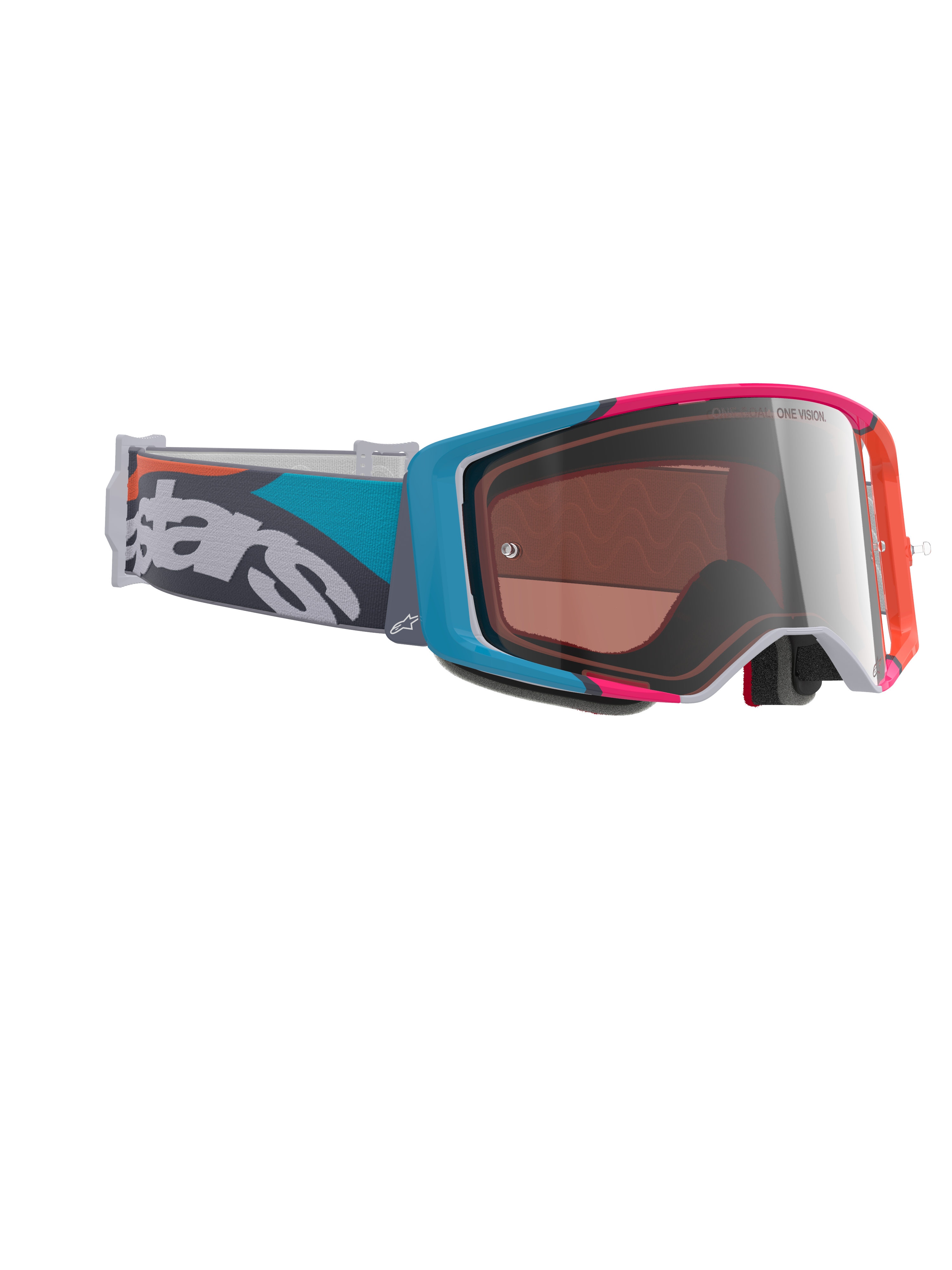 Alpinestars Supertech Stream-glasögon, motocrossglasögon, grå ram med blå och rosa detaljer, Silver Multi Mirror-lins, krickblått och grått band med tydlig vit logotyp, högpresterande skyddsglasögon för terrängkörning