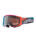 Alpinestars Supertech Stream Goggles, grå ram med livfulla röda och blå detaljer, Multi Mirror Silver-lins, tjock skumvaddering, justerbart band med vit 'astars'-logotyp och färgglada geometriska mönster, professionellt ögonskydd för motocross