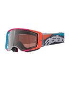 Alpinestars Supertech Stream Goggles, grå ram med livfulla röda och blå detaljer, Multi Mirror Silver-lins, tjock skumvaddering, justerbart band med vit 'astars'-logotyp och färgglada geometriska mönster, professionellt ögonskydd för motocross