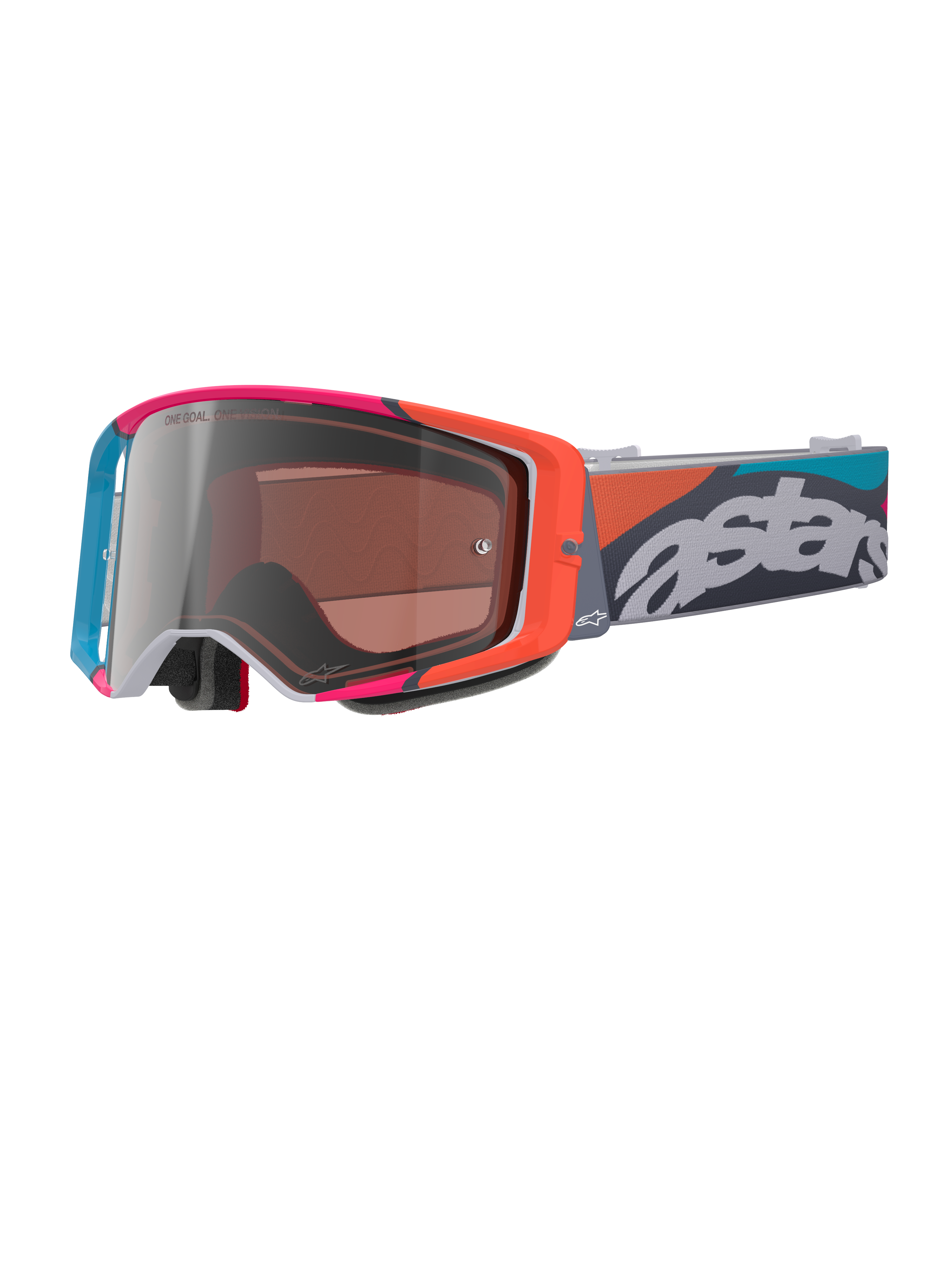 Alpinestars Supertech Stream Goggles, grå ram med livfulla röda och blå detaljer, Multi Mirror Silver-lins, tjock skumvaddering, justerbart band med vit 'astars'-logotyp och färgglada geometriska mönster, professionellt ögonskydd för motocross