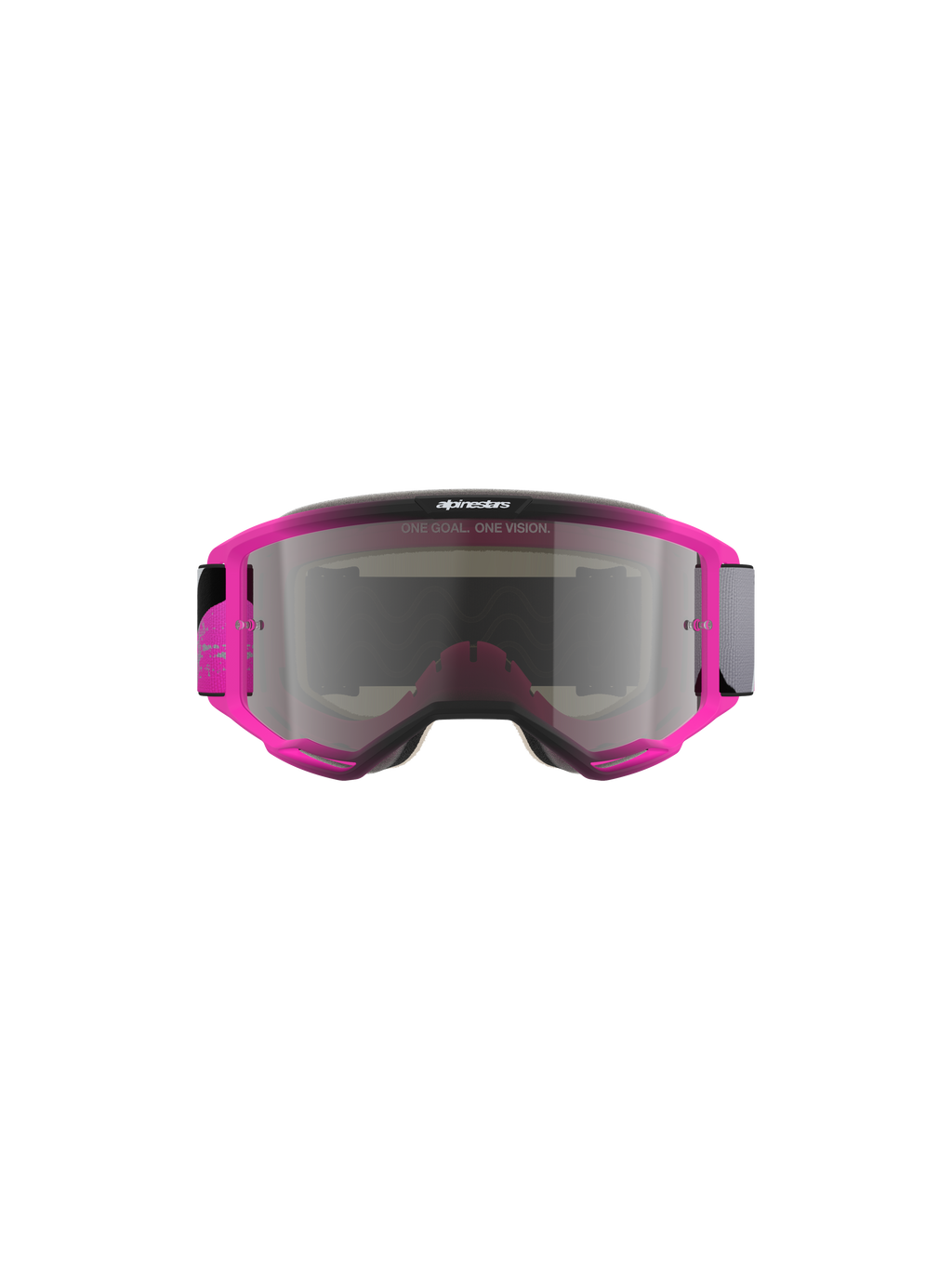 Alpinestars Vision 5 Lahnd Goggles, motocrossglasögon, Iron Pink Fluo med Mirror Silver-lins, klarrosa båge med silvertonad spegellins, har texten 'ONE GOAL. ONE VISION.', strömlinjeformad aerodynamisk design för terrängkörning